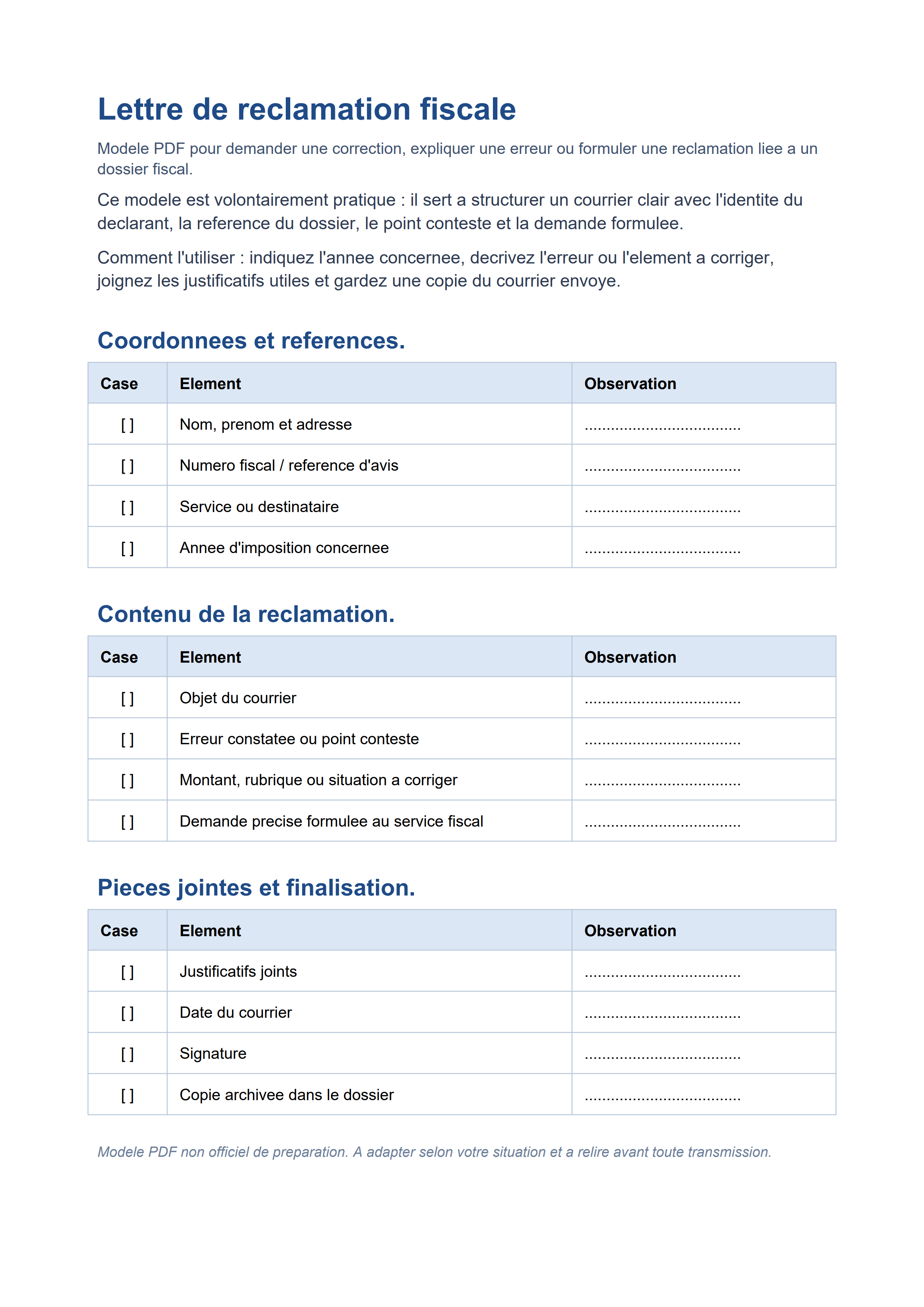 Lettre de réclamation fiscale PDF