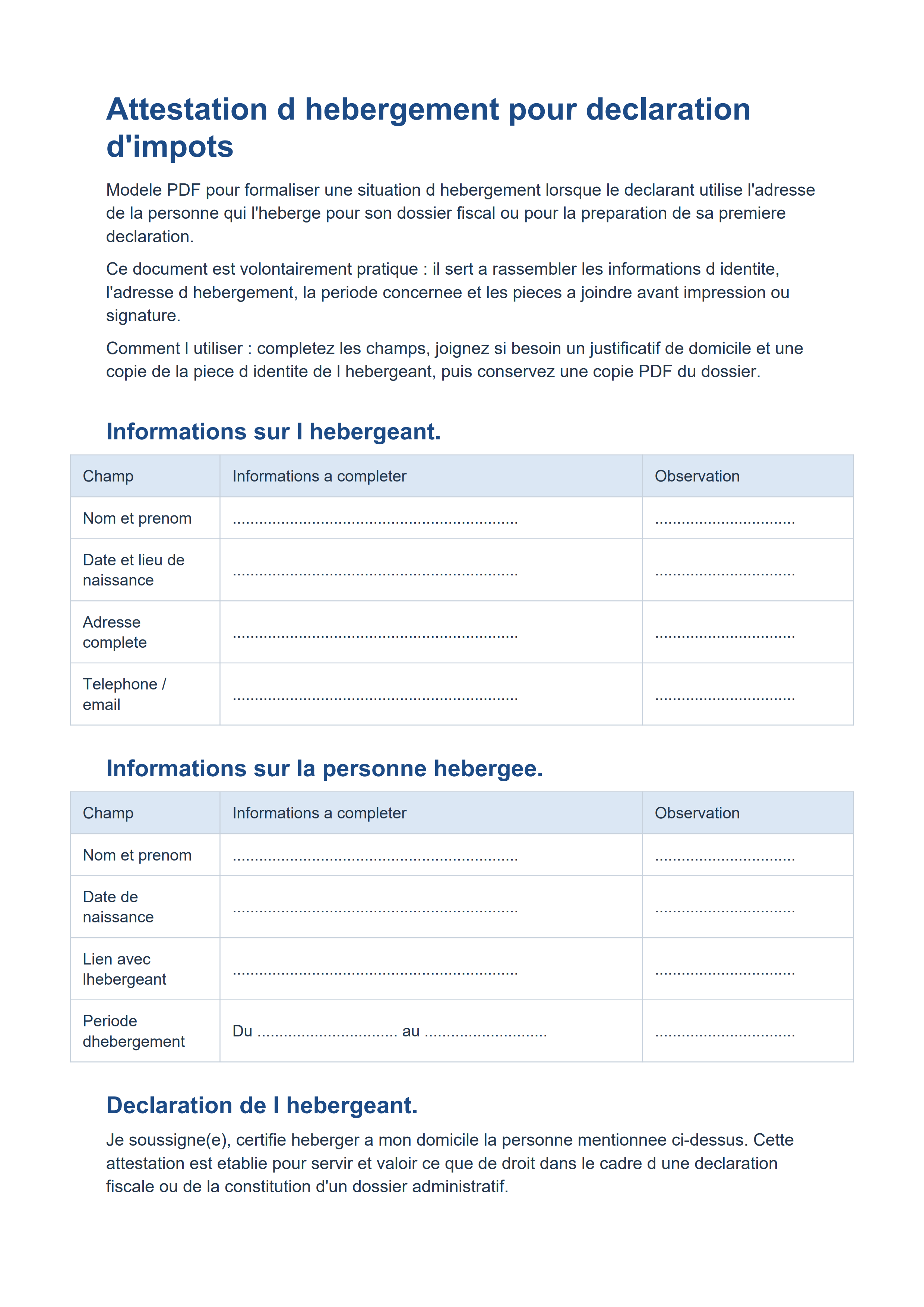 Attestation d'hébergement déclaration PDF