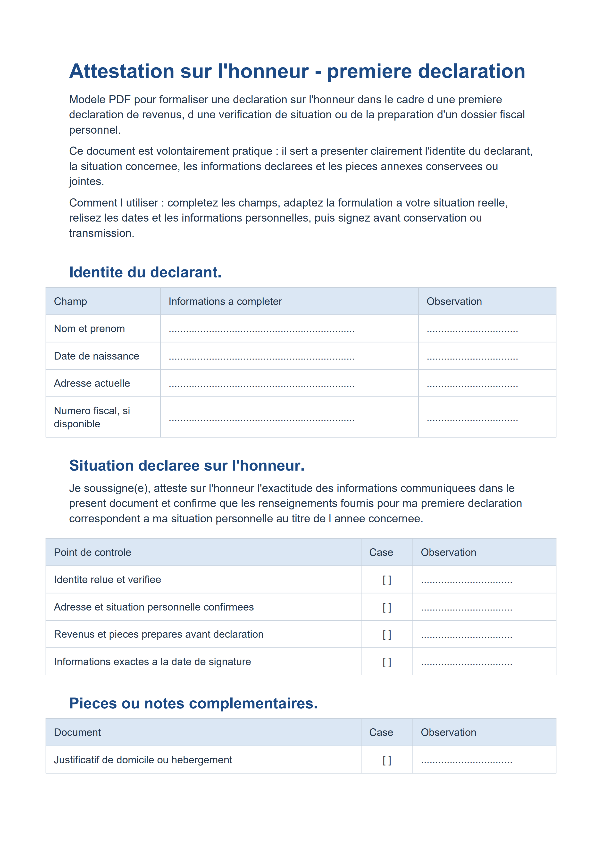 Attestation sur l'honneur première déclaration PDF