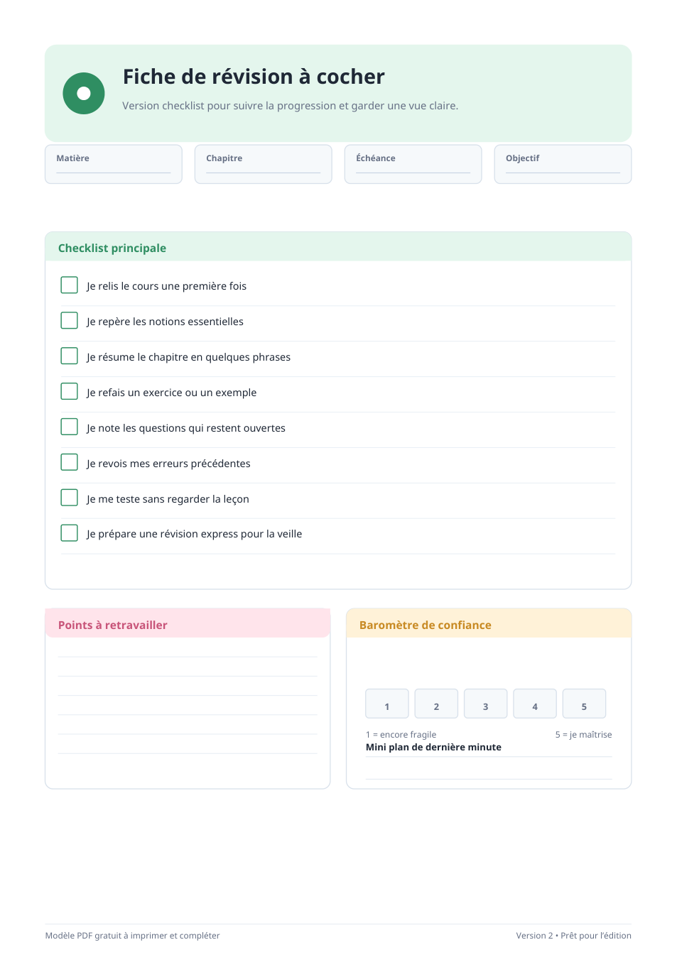 Fiche de révision à cocher PDF