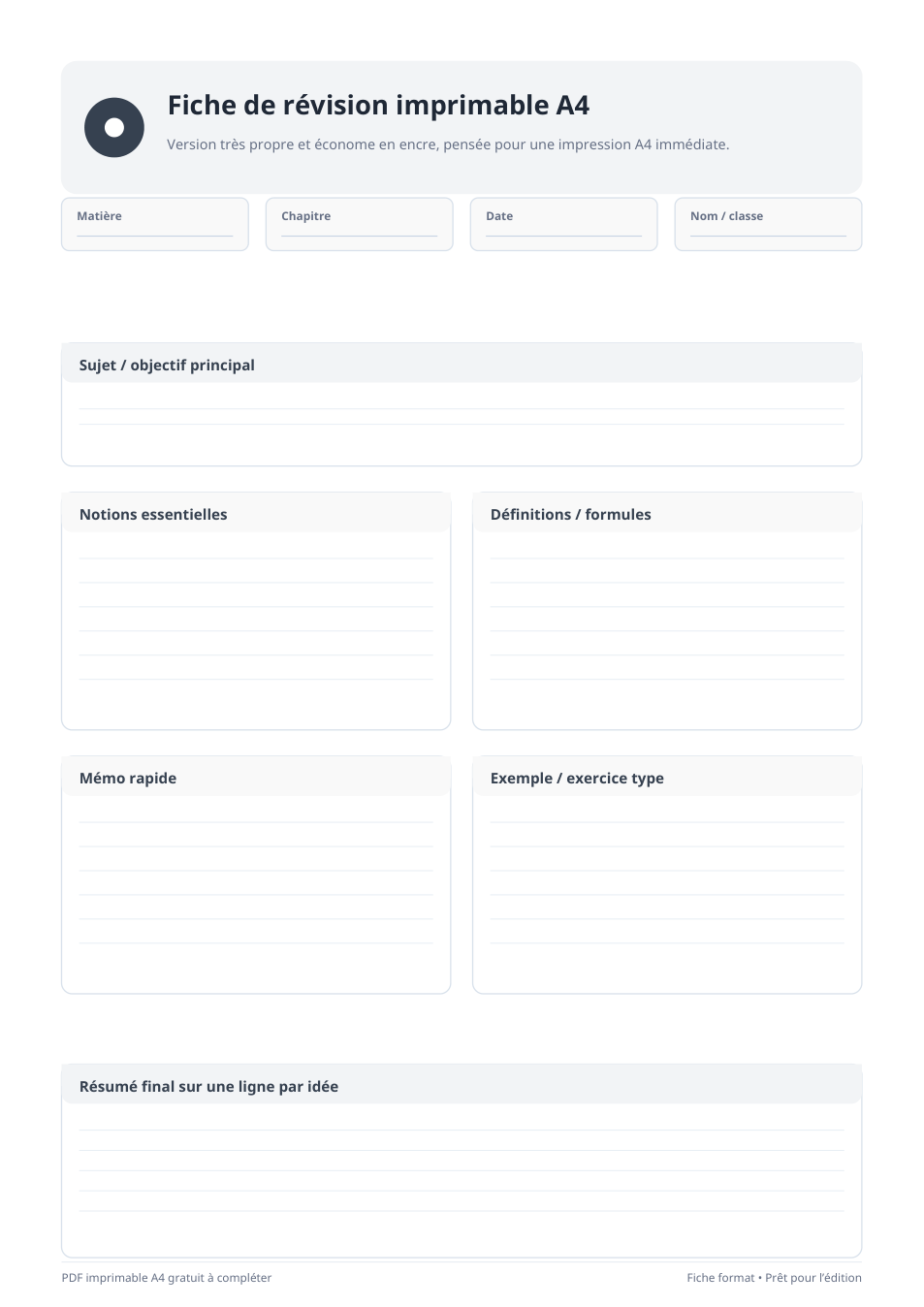 Fiche de révision imprimable A4 PDF