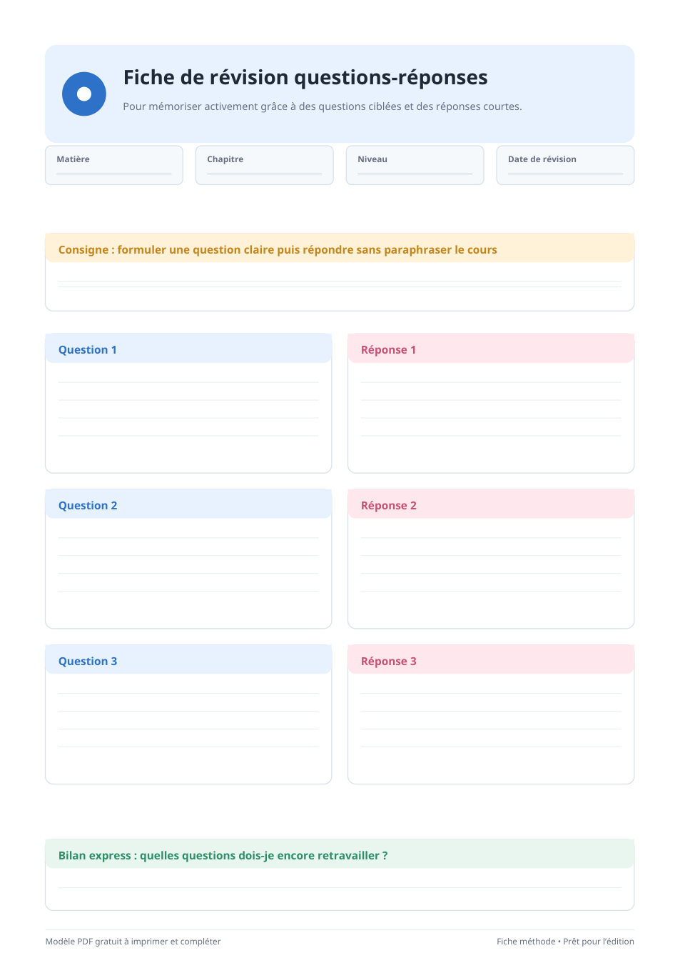 Fiche de révision questions réponses PDF