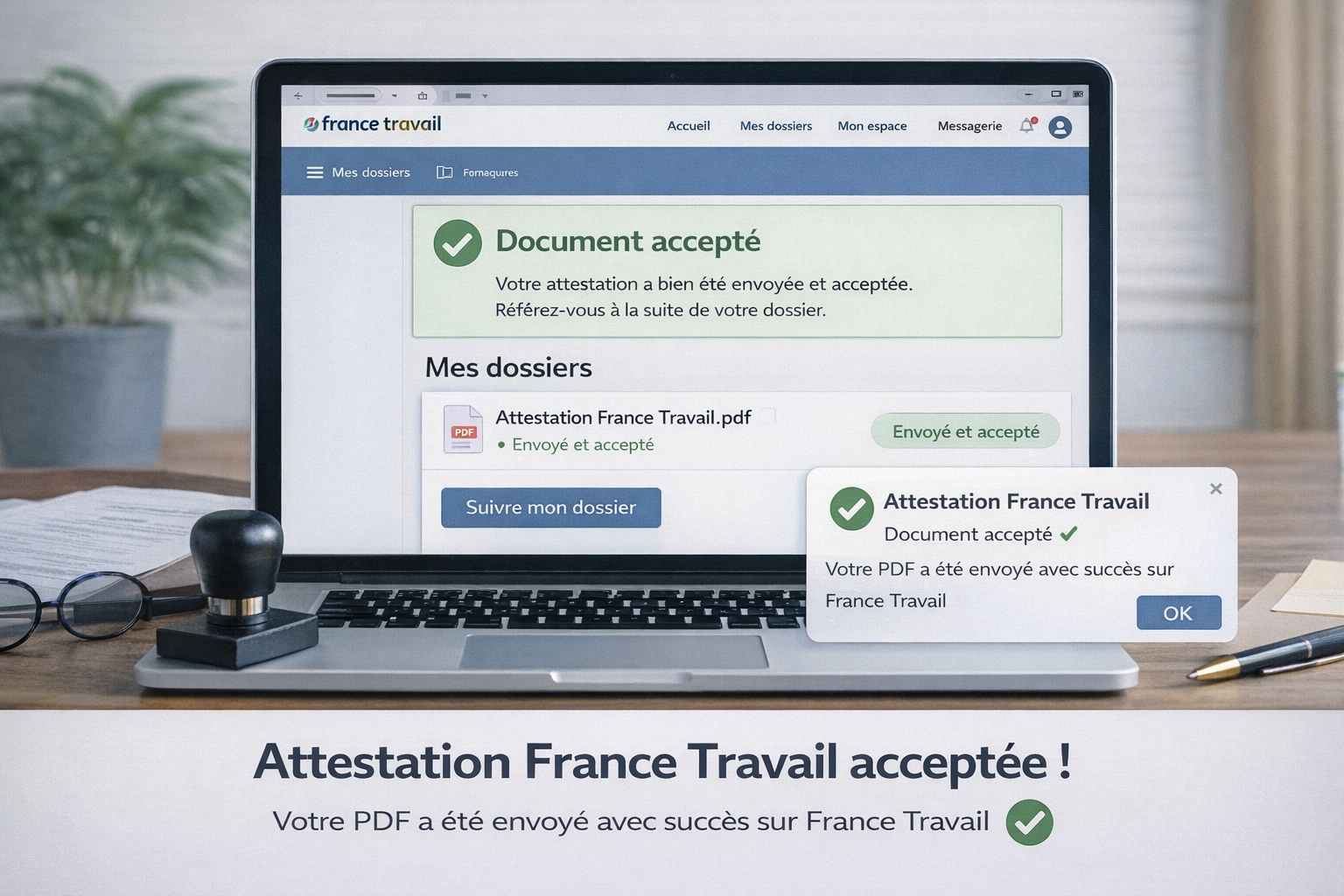 Attestation France Travail acceptée : PDF envoyé avec succès