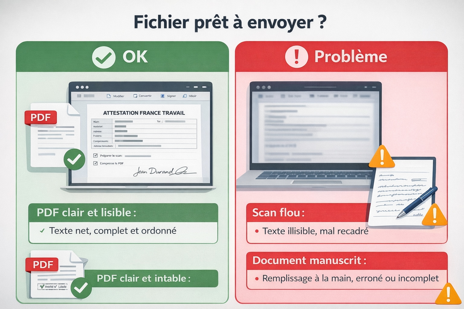 Fichier prêt à envoyer sur France Travail : PDF OK vs problèmes fréquents