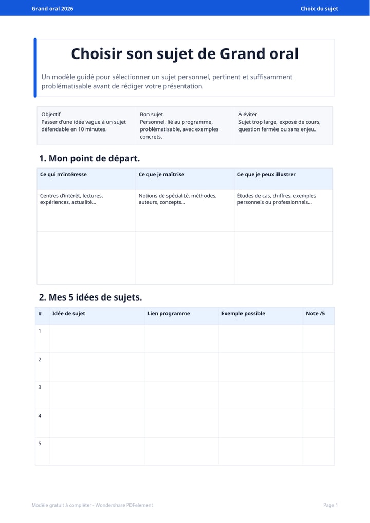 Modèle choix du sujet Grand oral PDF