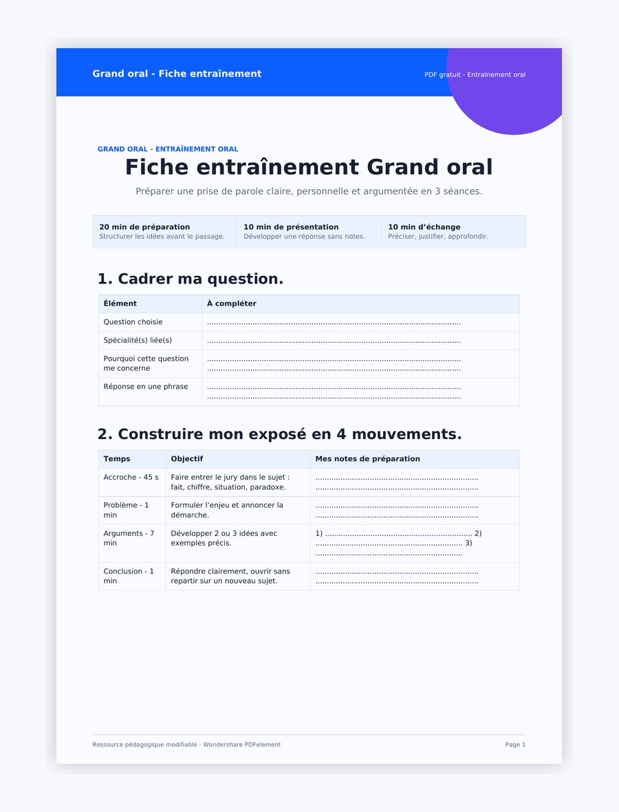 Fiche entraînement Grand oral PDF