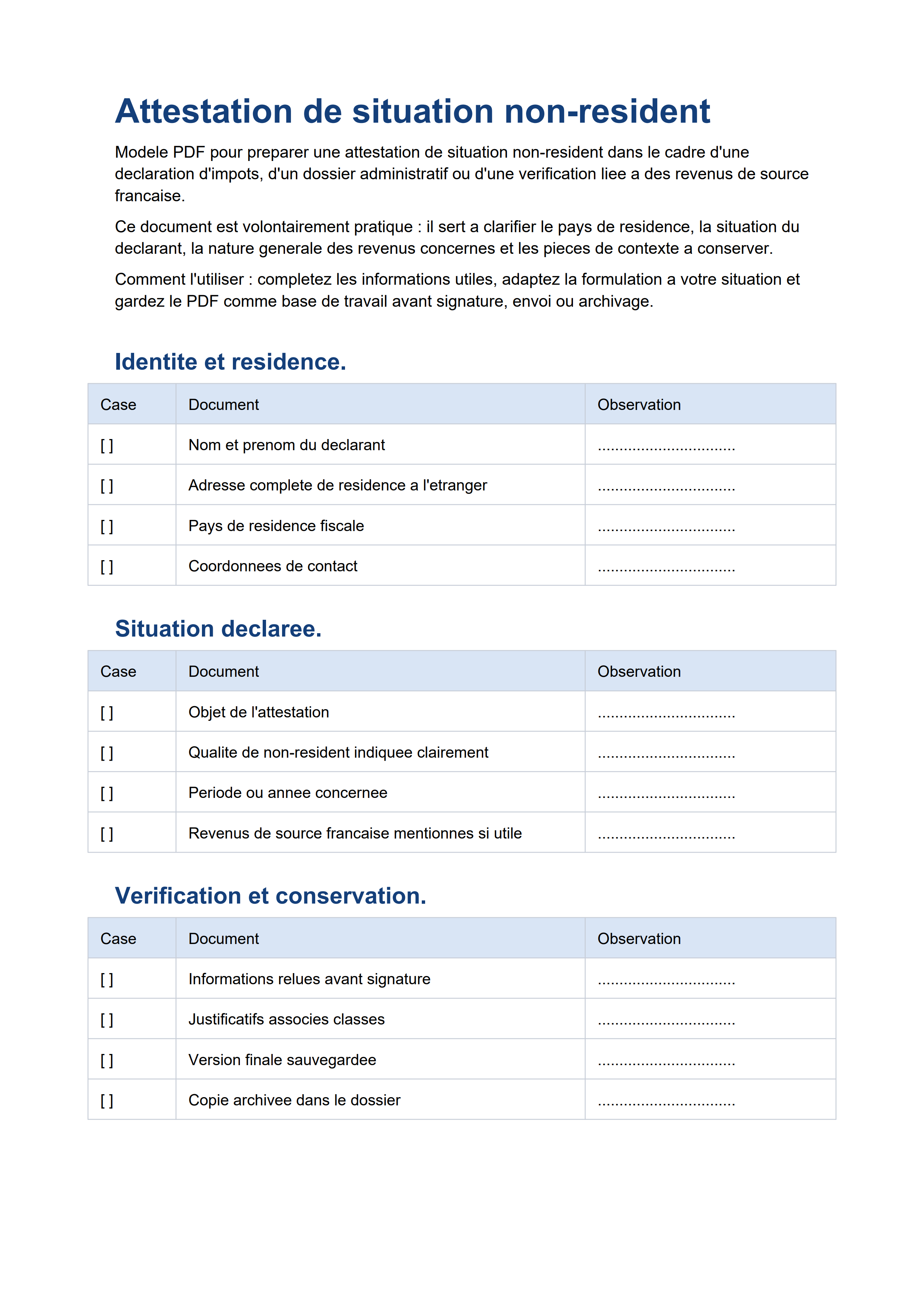 Attestation situation non-résident PDF