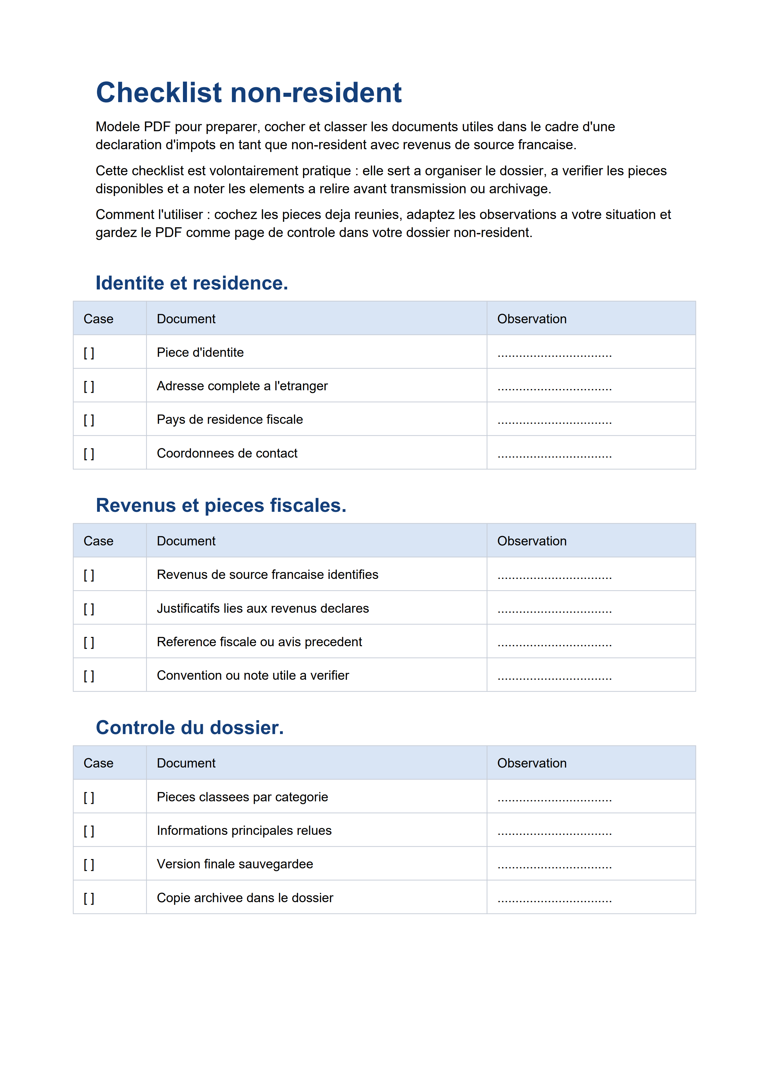Checklist non-résident PDF