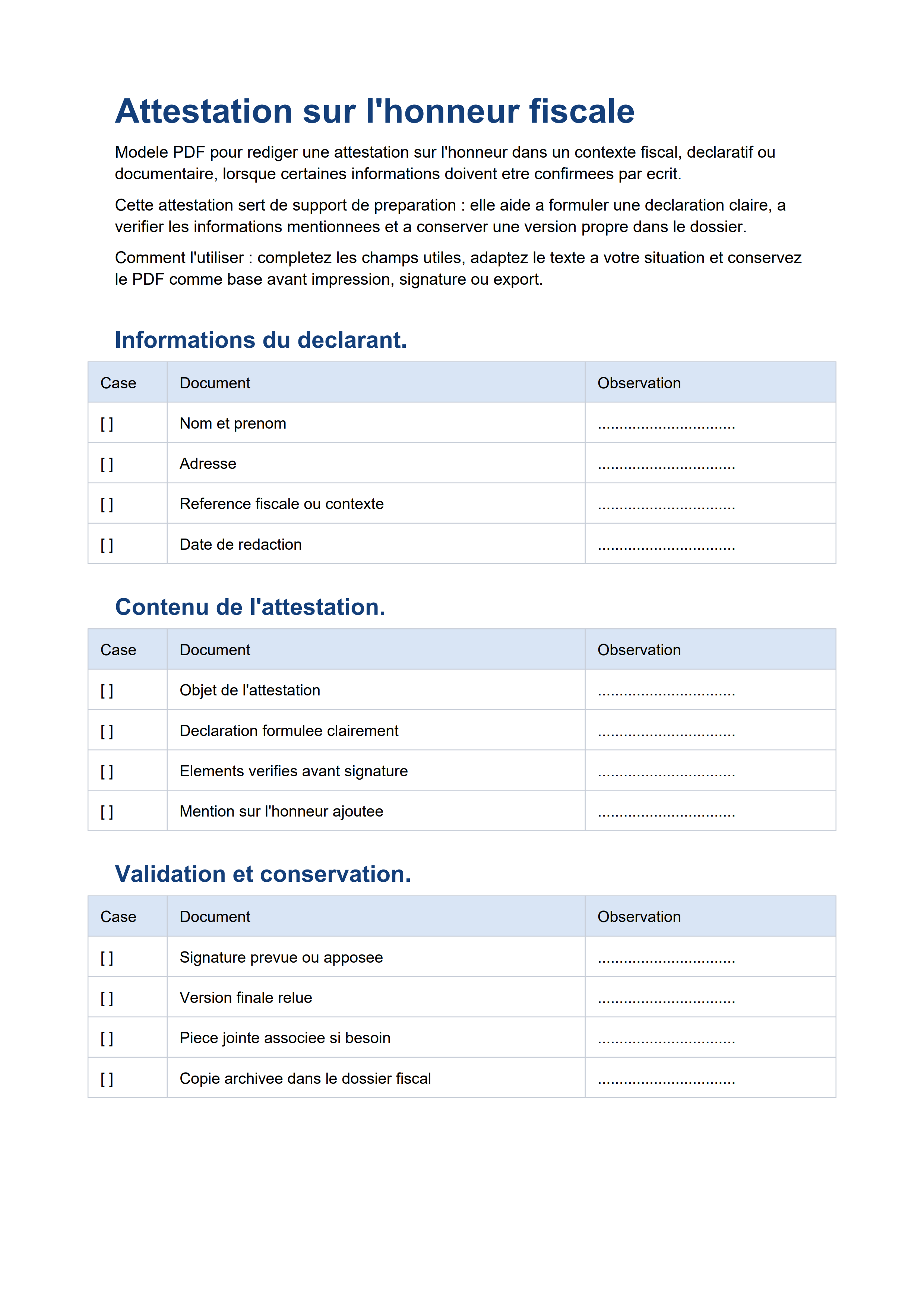 Attestation sur l'honneur fiscale PDF