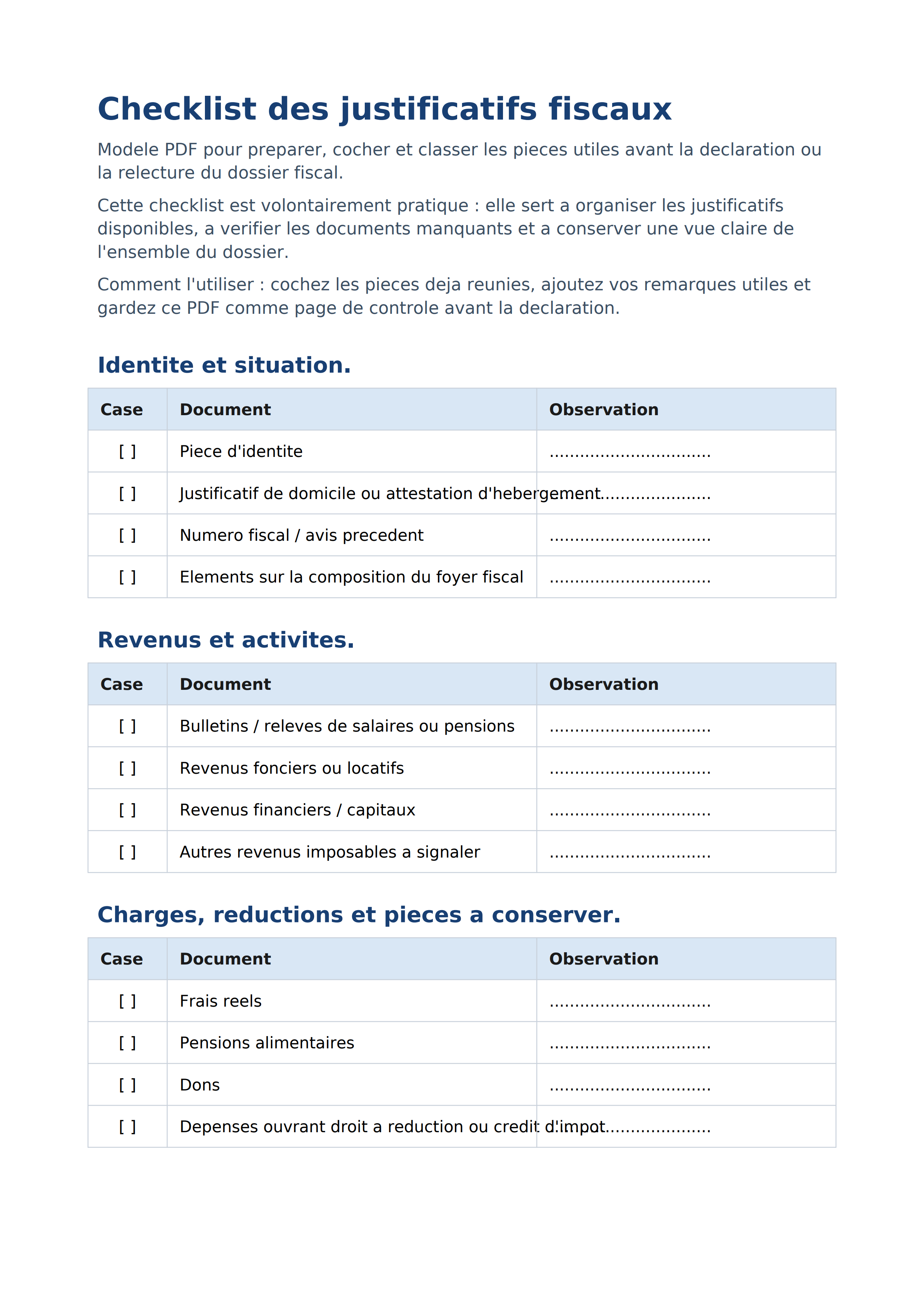 Checklist justificatifs déclaration PDF