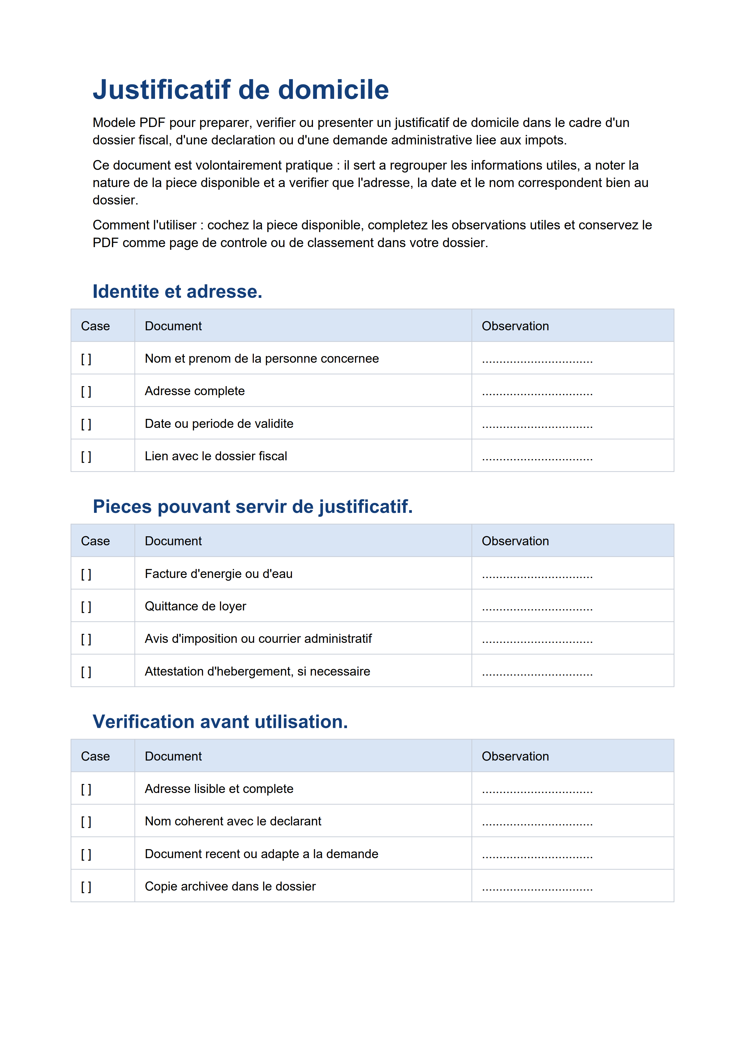 Justificatif de domicile modèle PDF