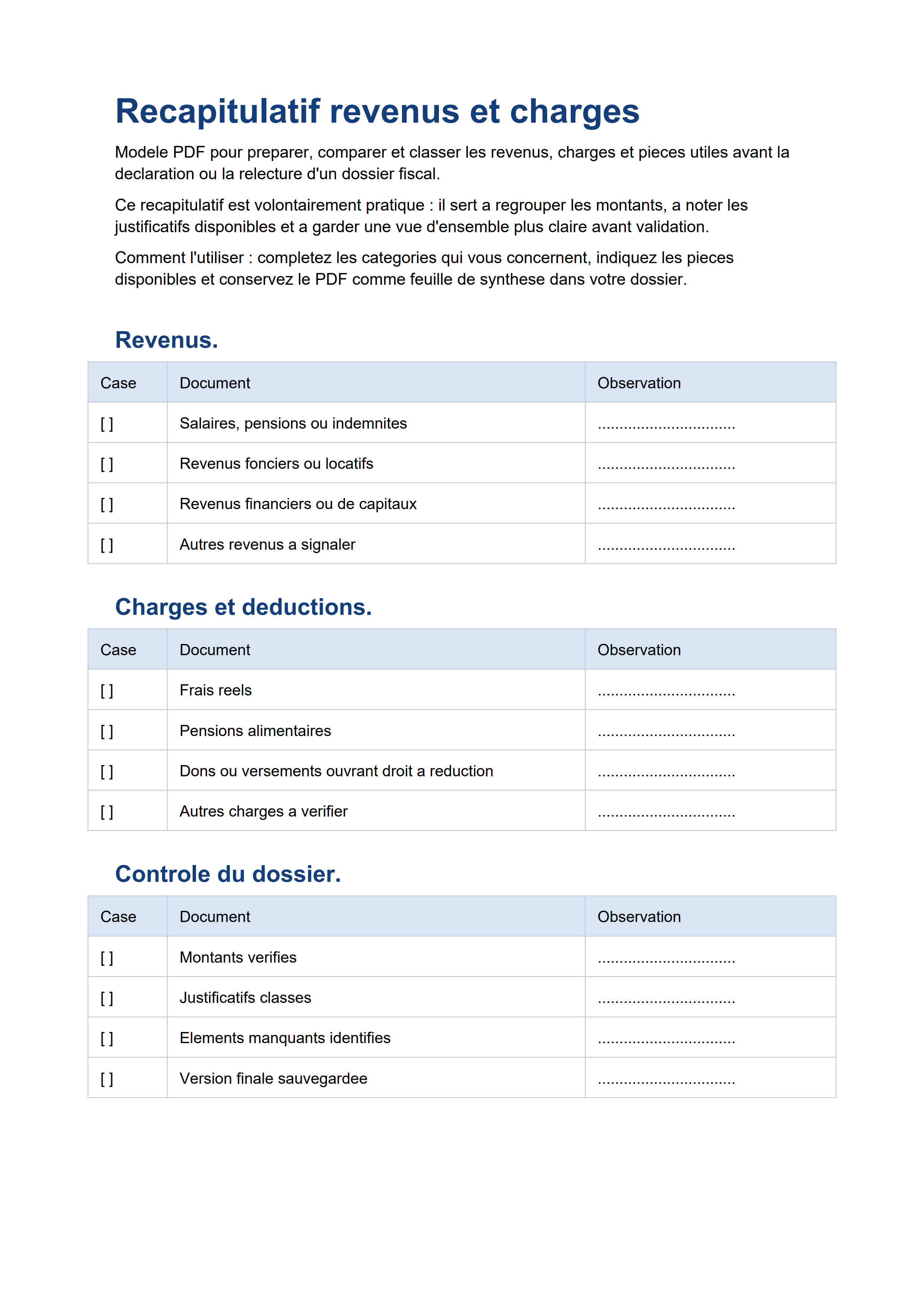 Récapitulatif revenus et charges PDF