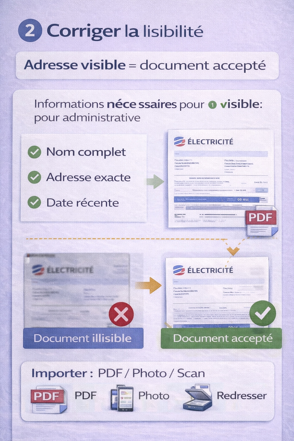 Corriger la lisibilité : recadrer, ajuster le contraste et rendre l’adresse visible