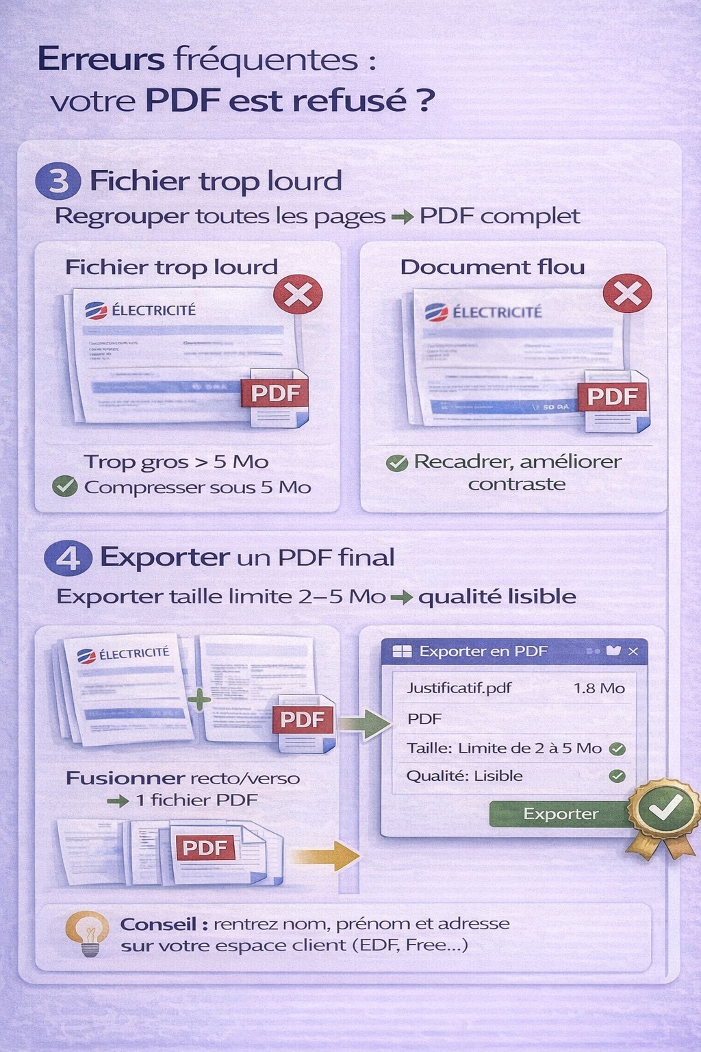 Erreurs fréquentes : fichier trop lourd, document flou, pages manquantes, données personnelles en ligne