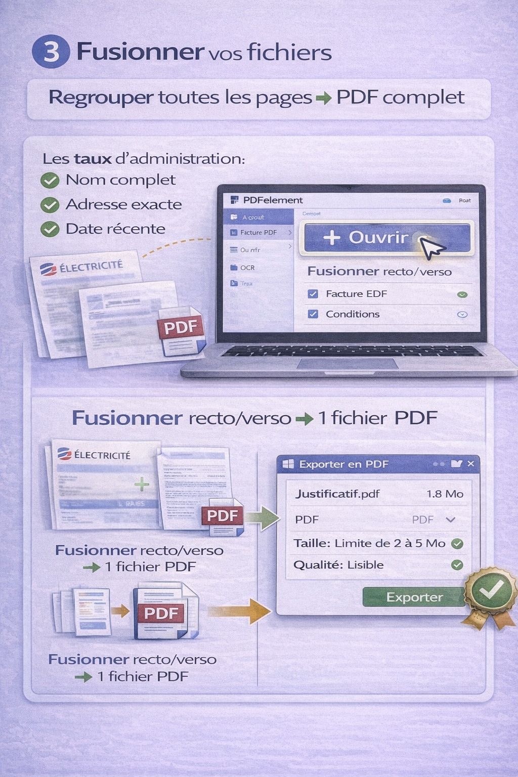 Fusionner plusieurs pages et exporter un PDF final accepté (taille 2 à 5 Mo, qualité lisible)