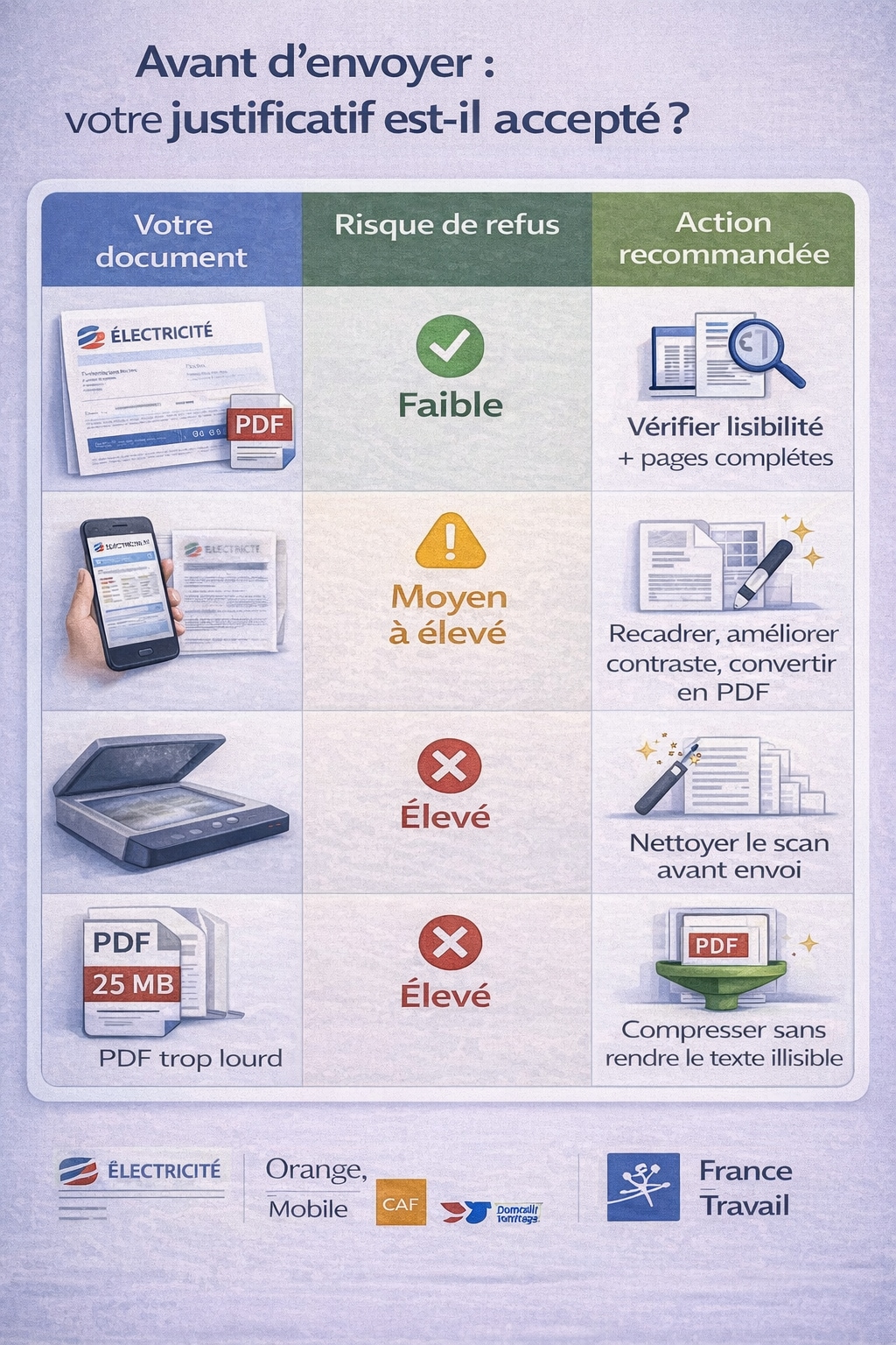 Tableau visuel : risque de refus et actions recommandées pour un justificatif PDF