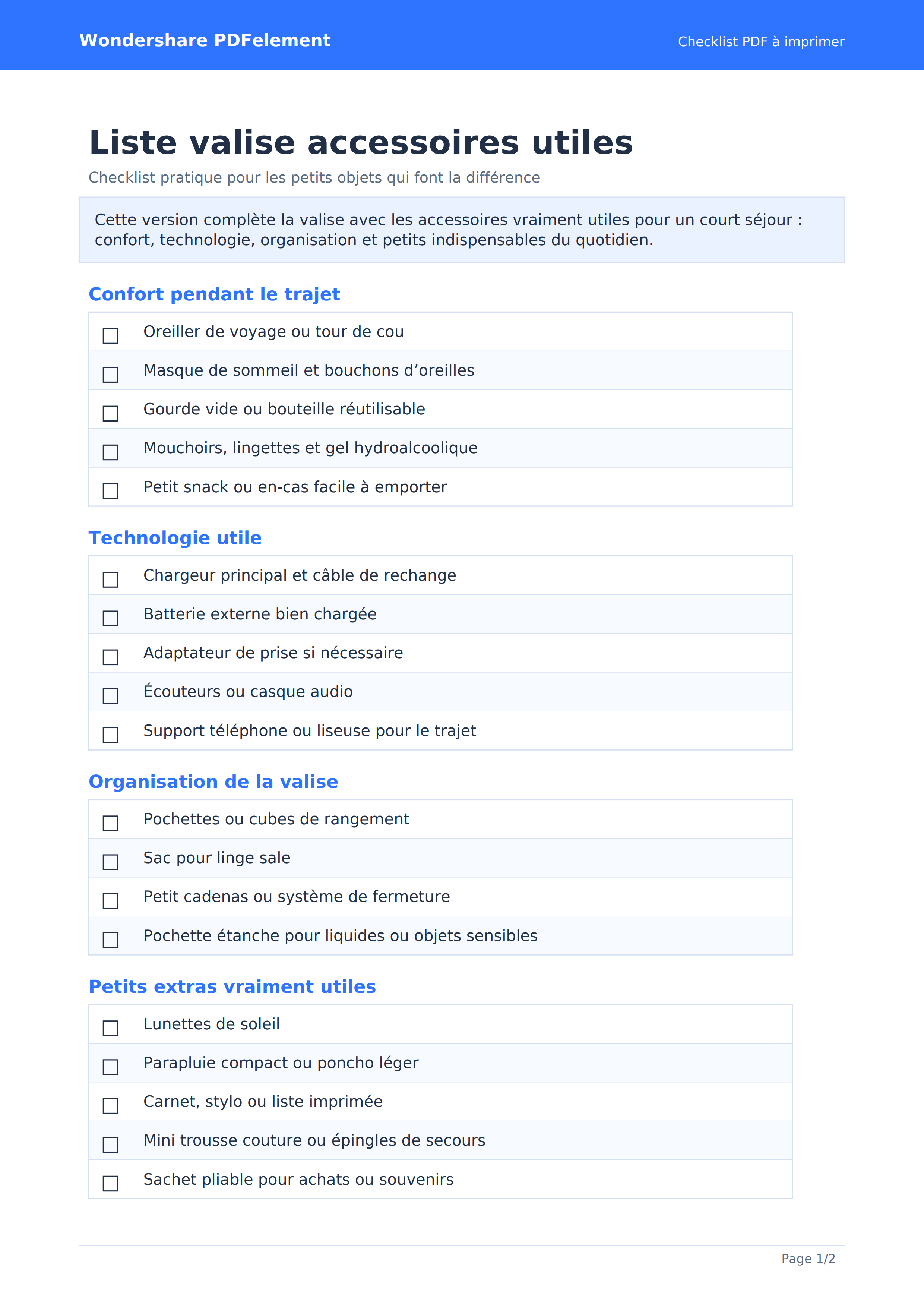 Liste valise accessoires PDF