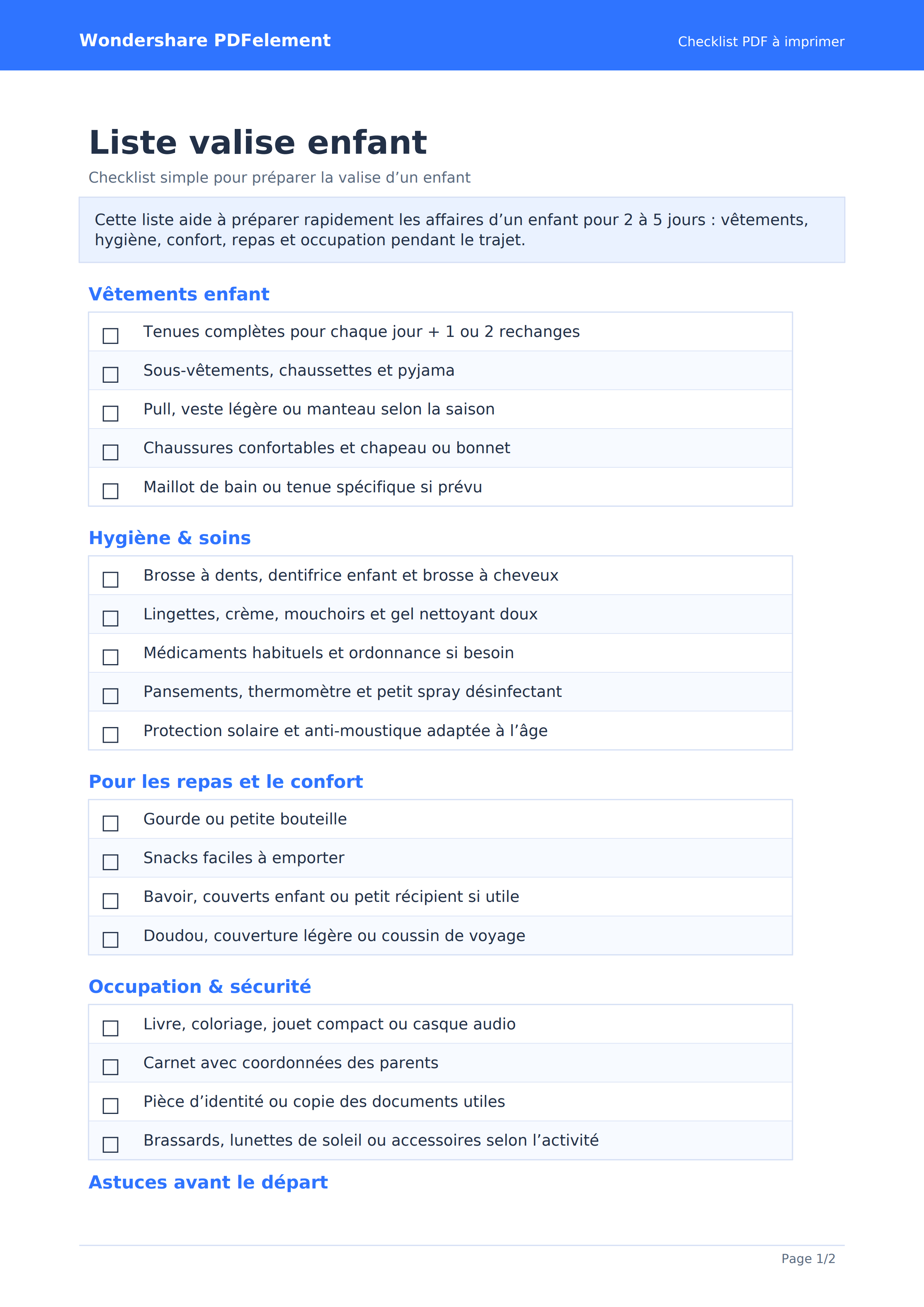 Liste valise enfant PDF