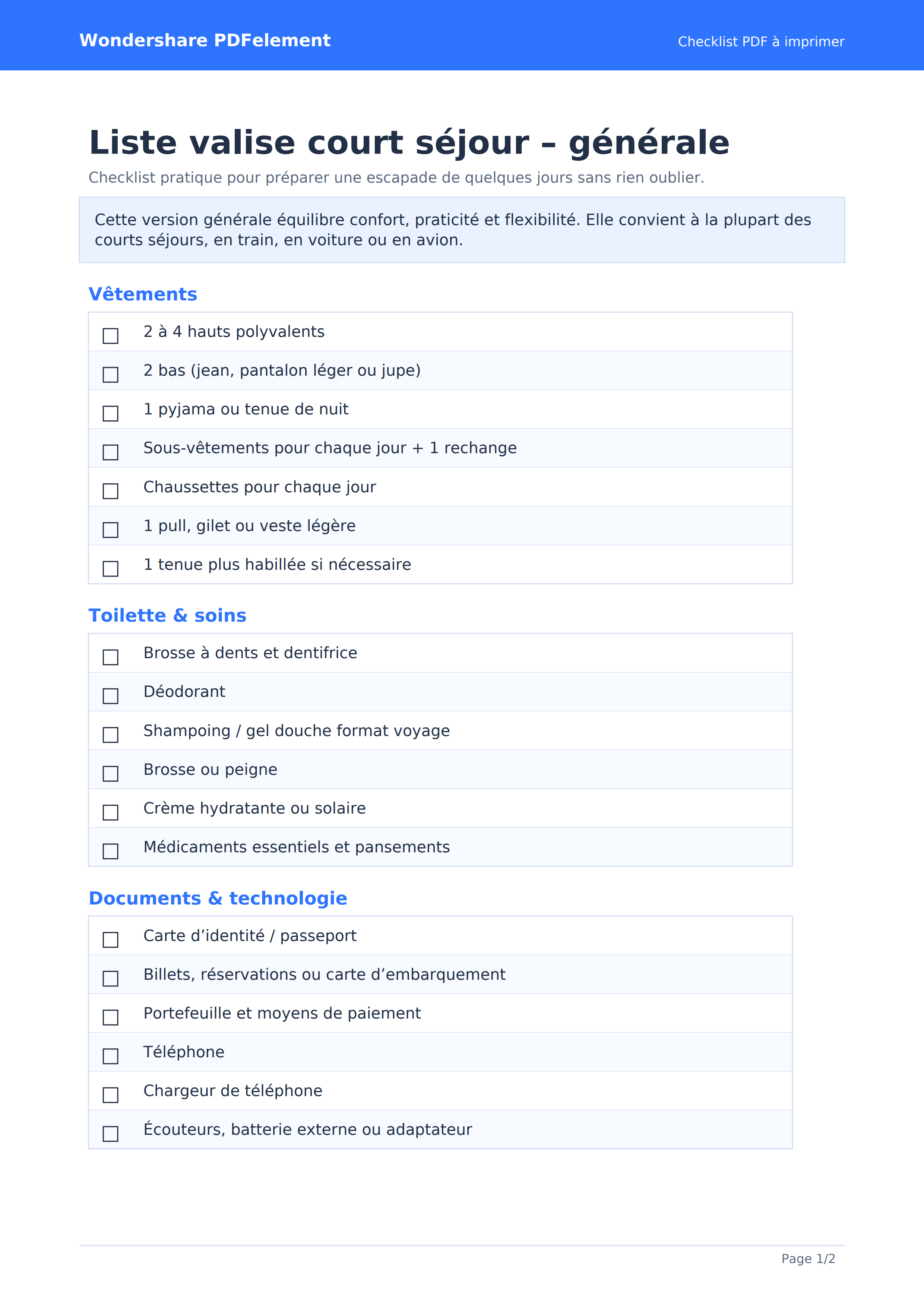 Liste valise court séjour générale PDF