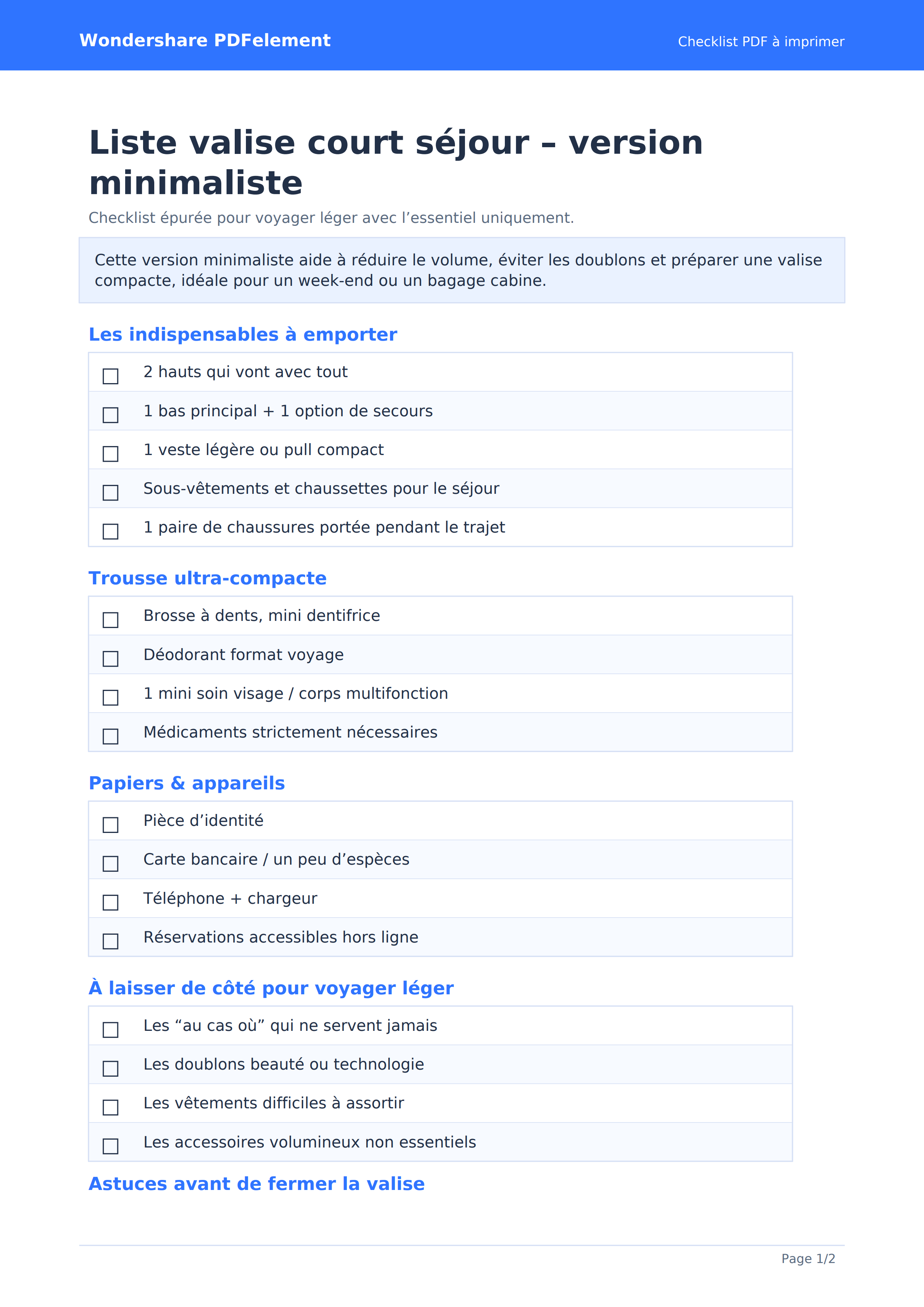 Liste valise minimaliste PDF
