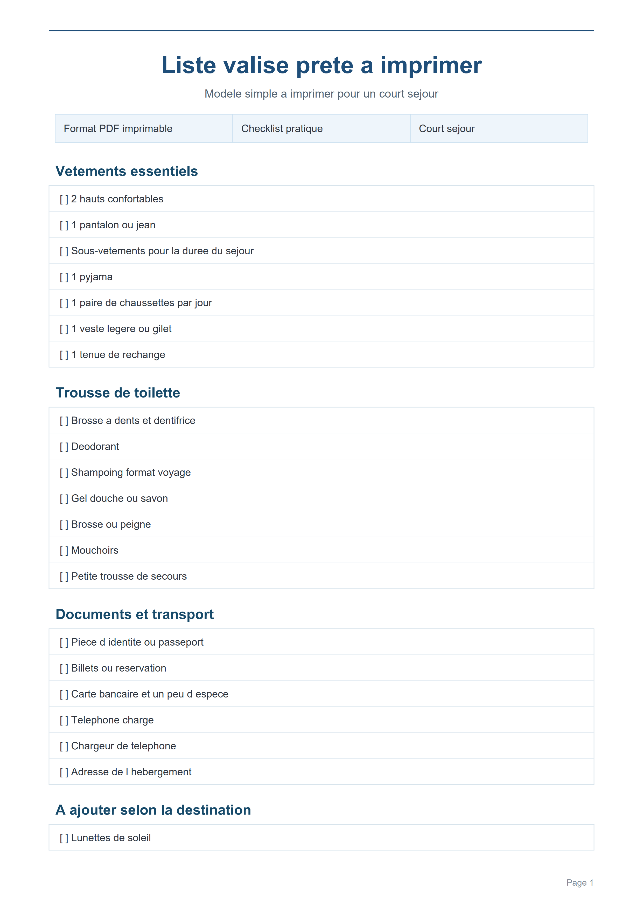 Liste valise prête à imprimer PDF