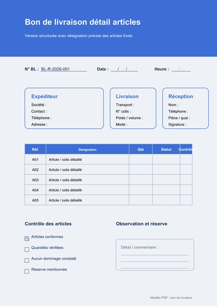 Bon de livraison détail articles PDF