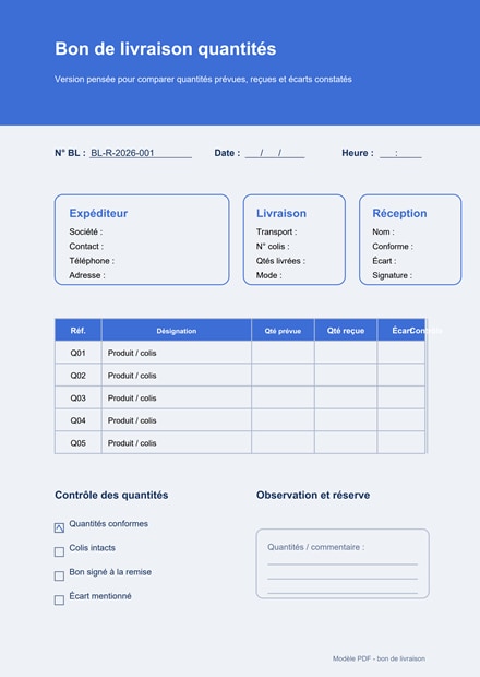Bon de livraison quantités PDF