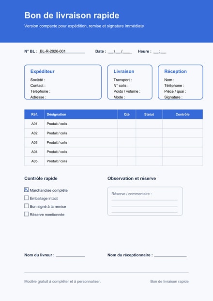 Bon de livraison rapide PDF