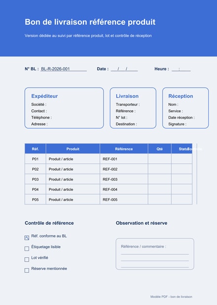 Bon de livraison référence produit PDF