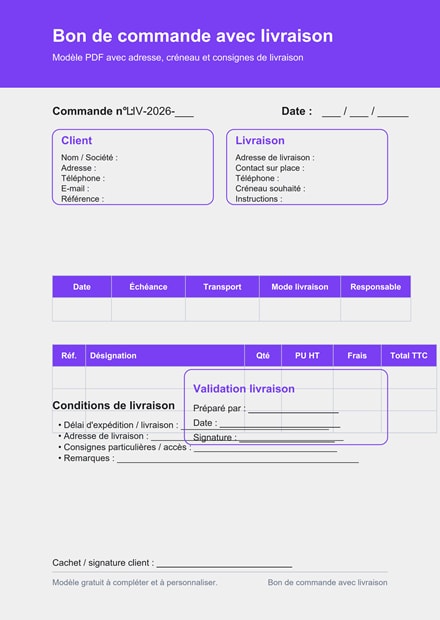 Bon de commande avec livraison PDF