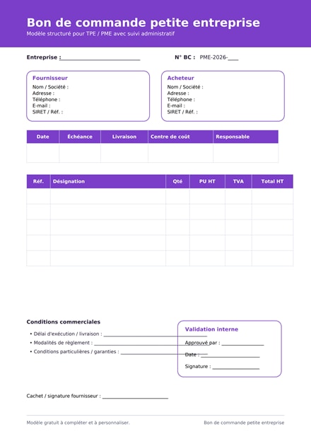 Bon de commande petite entreprise PDF