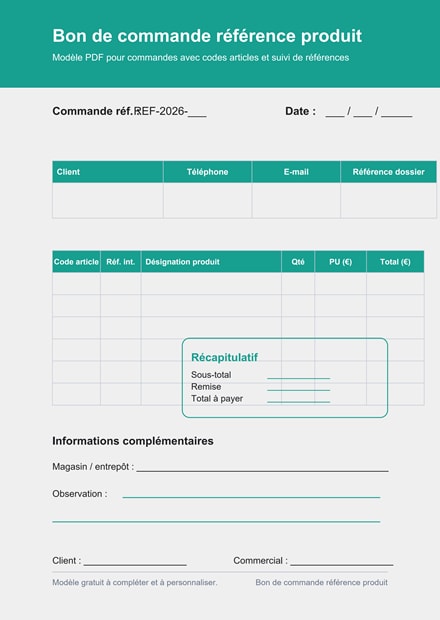 Bon de commande référence produit PDF