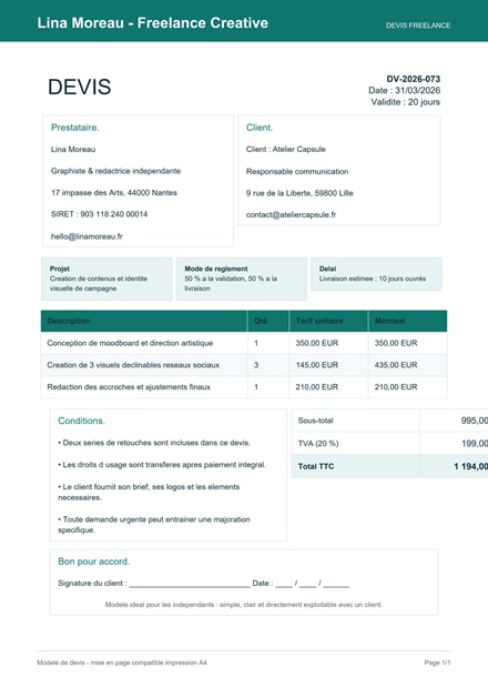 Devis freelance PDF