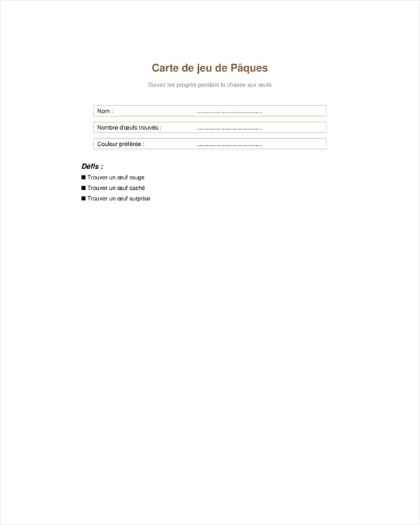 Carte de jeu de Pâques PDF
