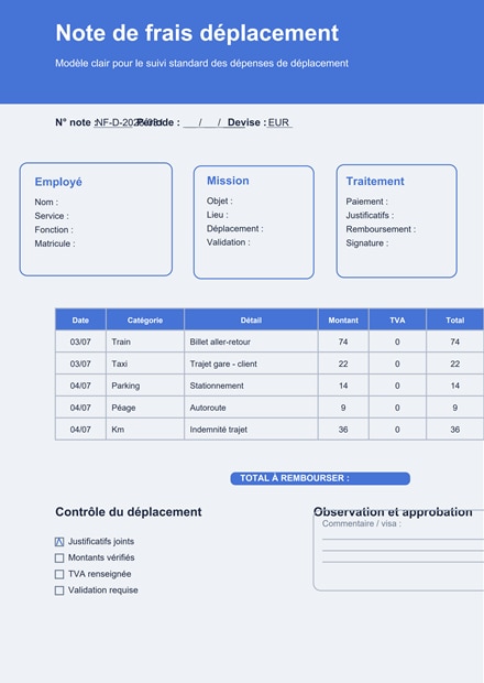 Note de frais déplacement PDF