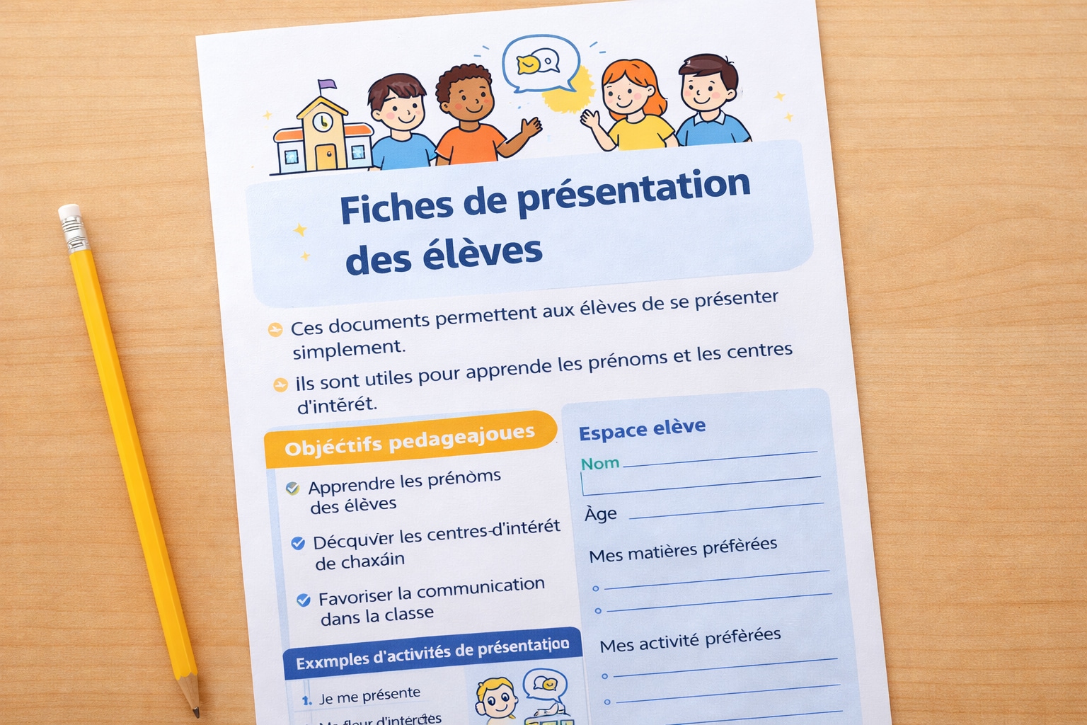 Fiches de présentation des élèves PDF rentrée scolaire