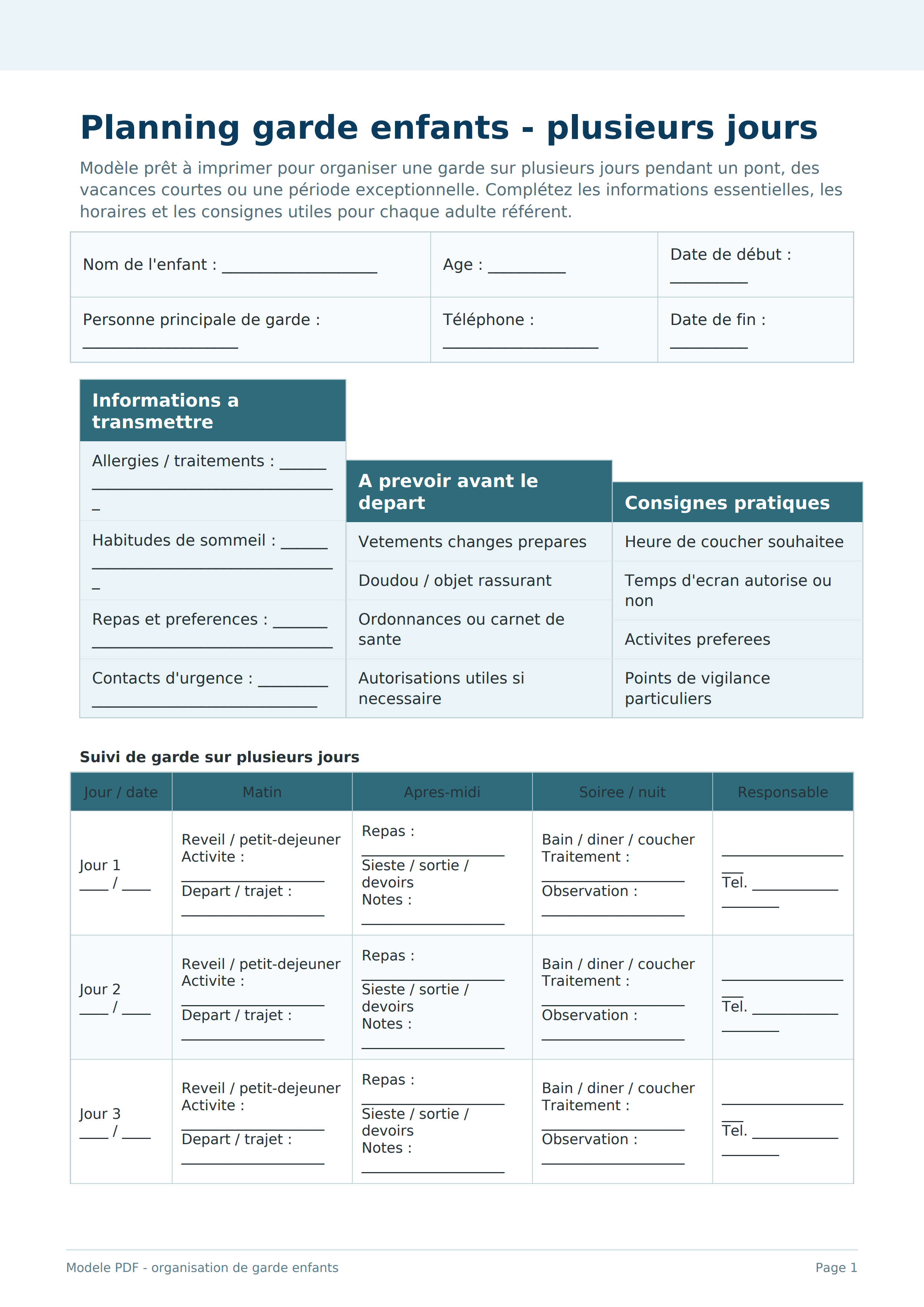 Planning garde enfants plusieurs jours PDF