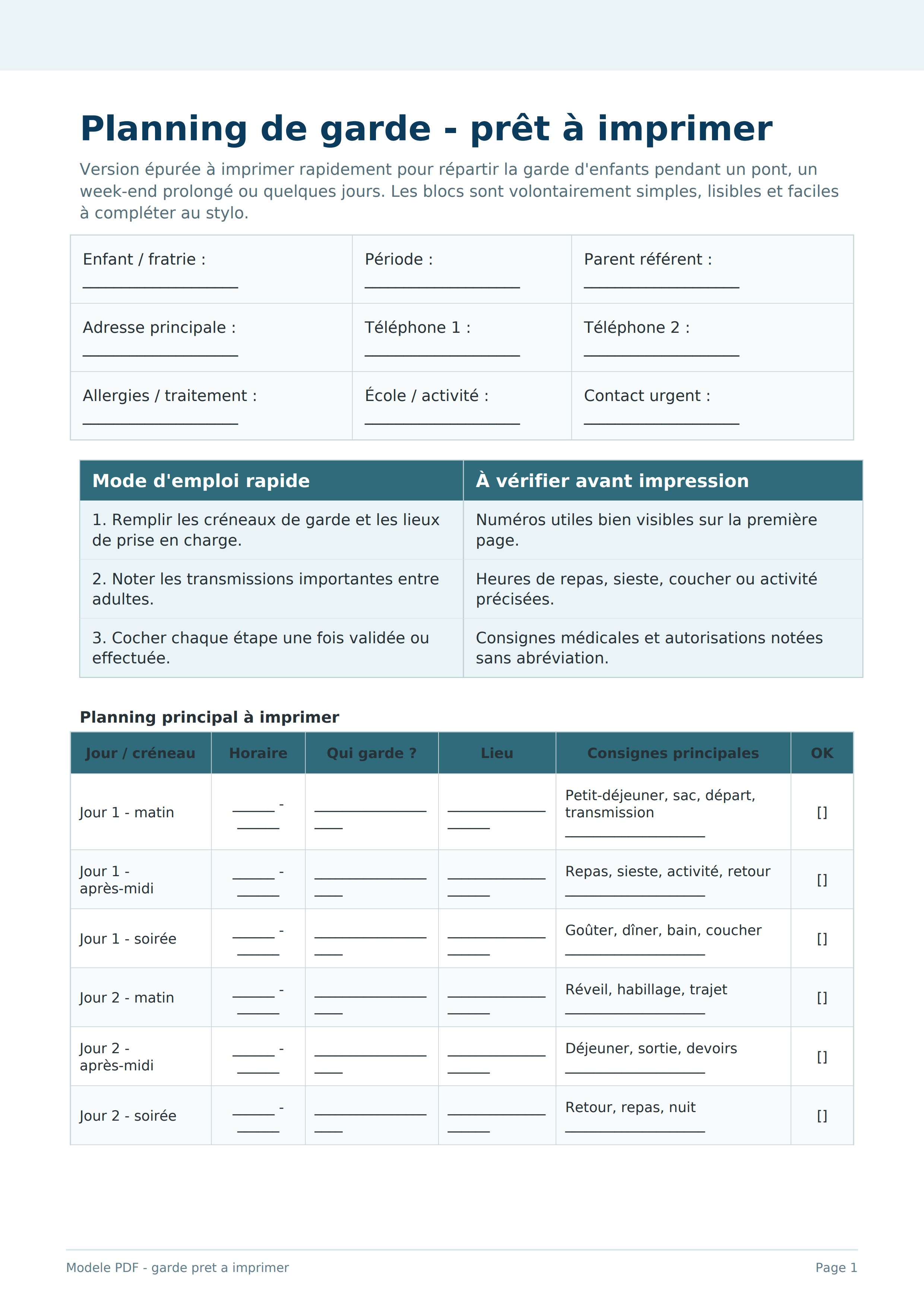 Planning garde prêt à imprimer PDF