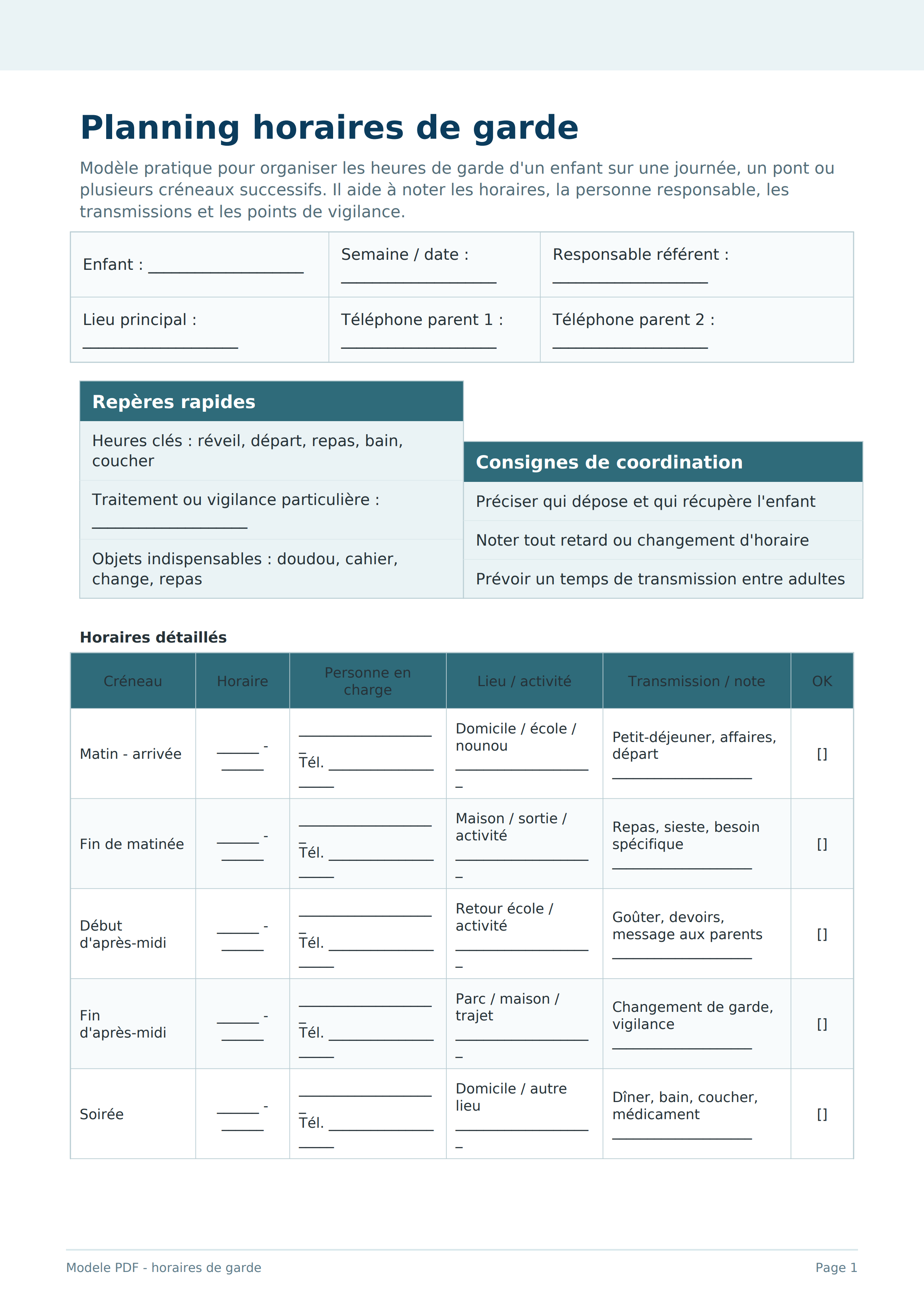 Planning horaires garde PDF