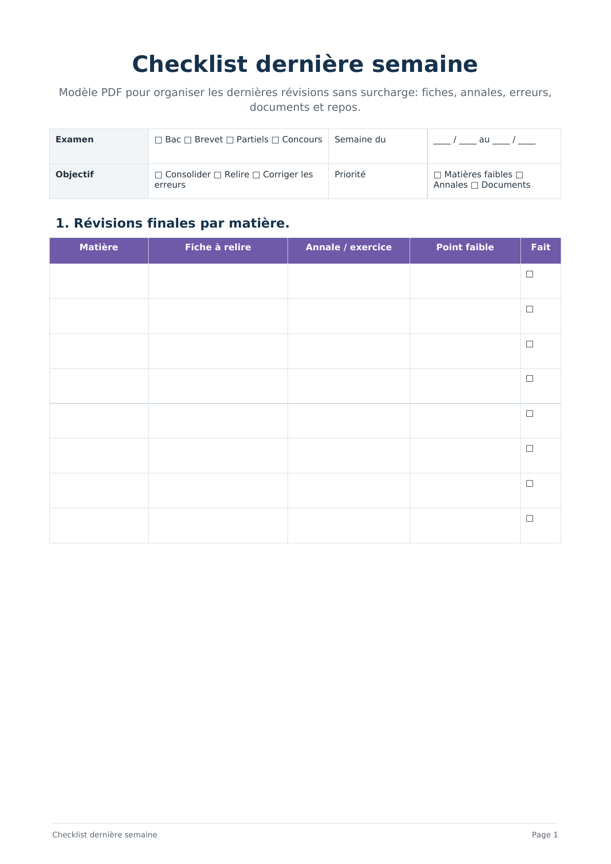 Checklist dernière semaine avant examen PDF