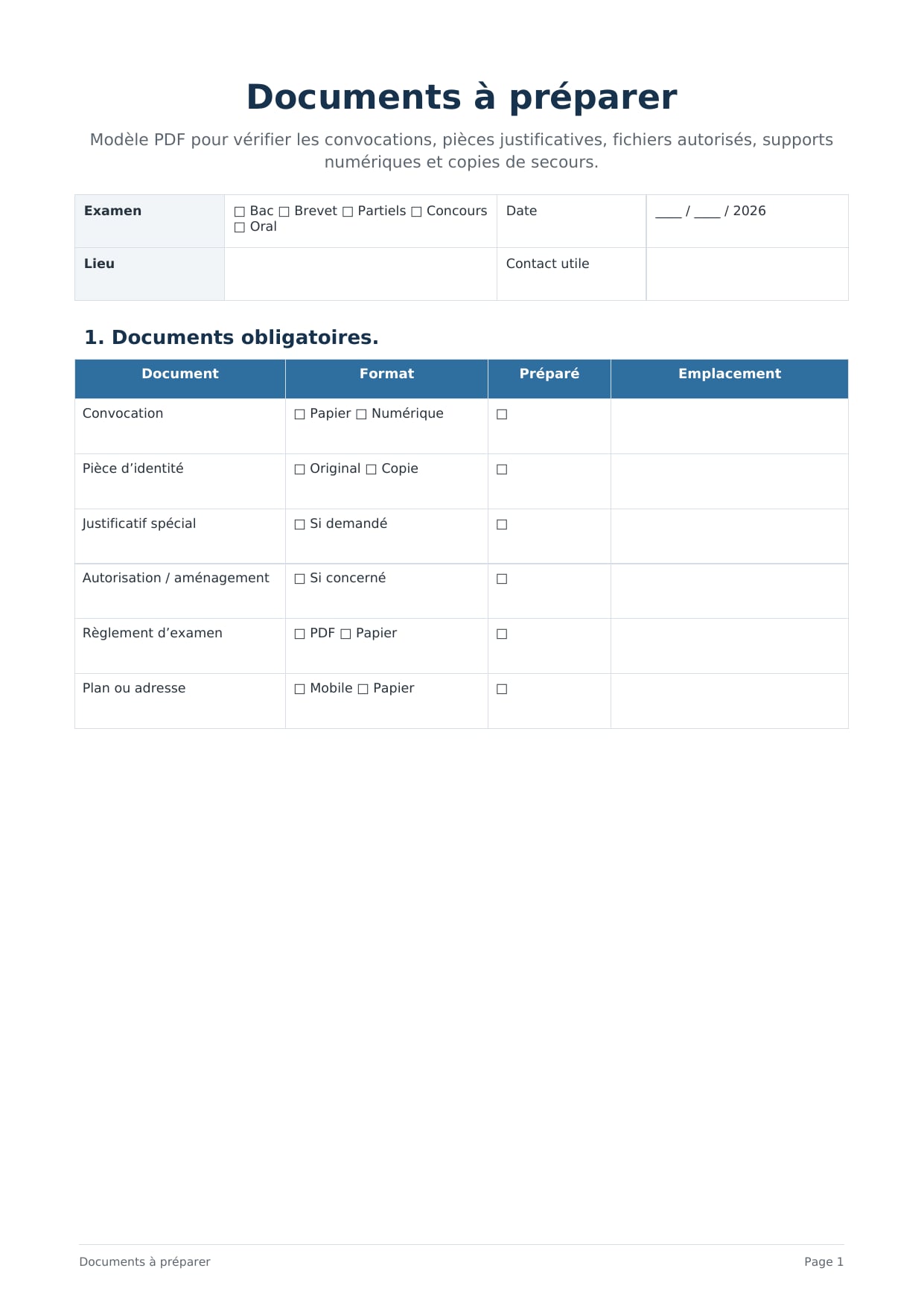 Checklist documents examen PDF