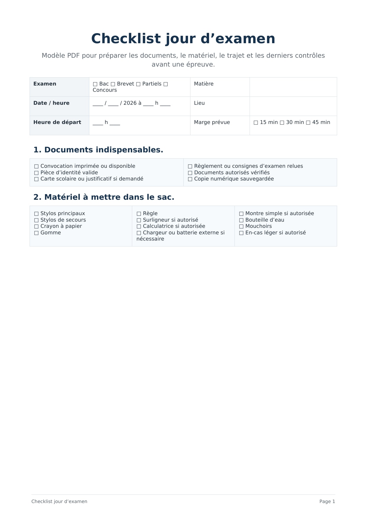 Checklist jour d’examen PDF