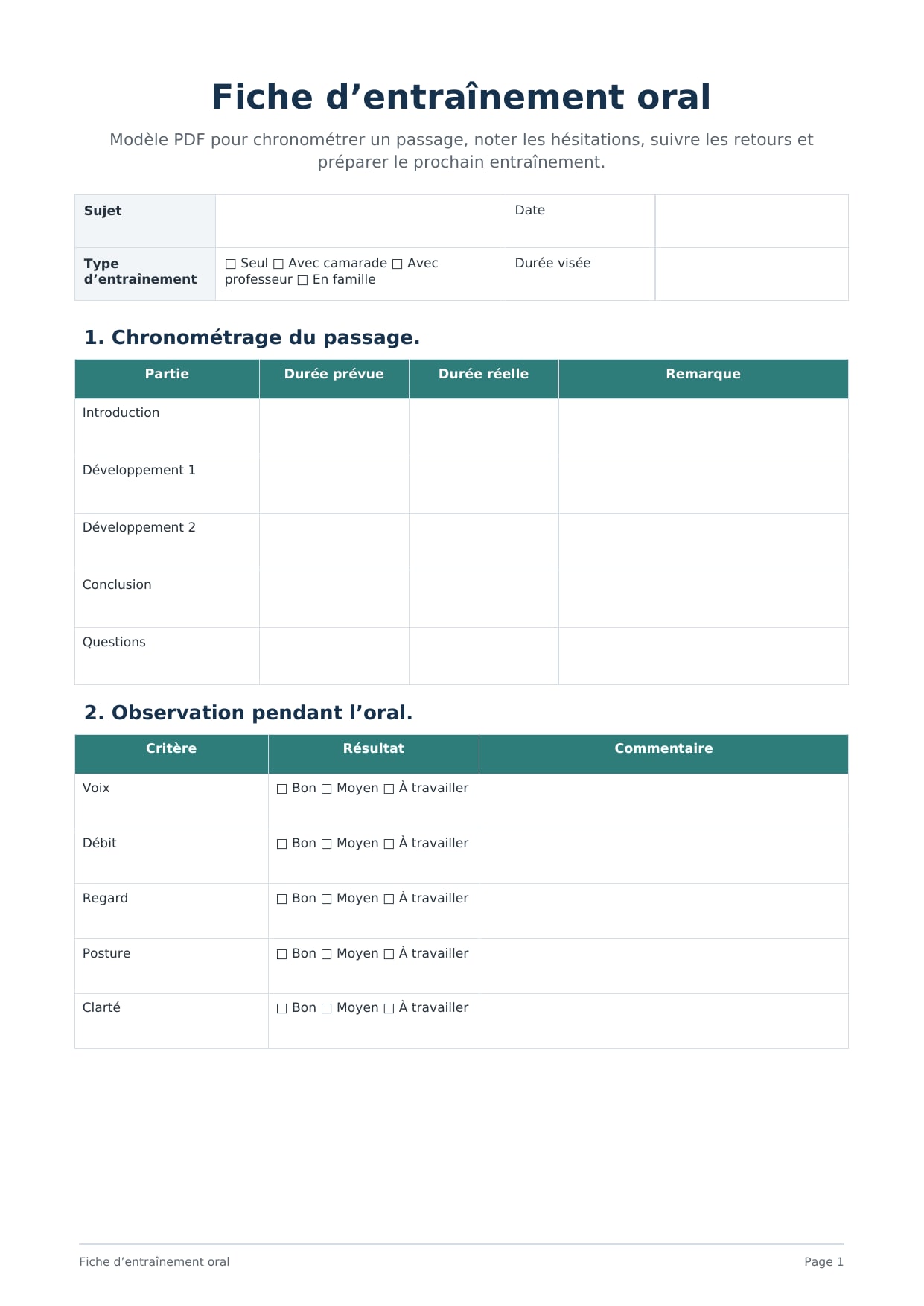 Fiche d’entraînement oral PDF