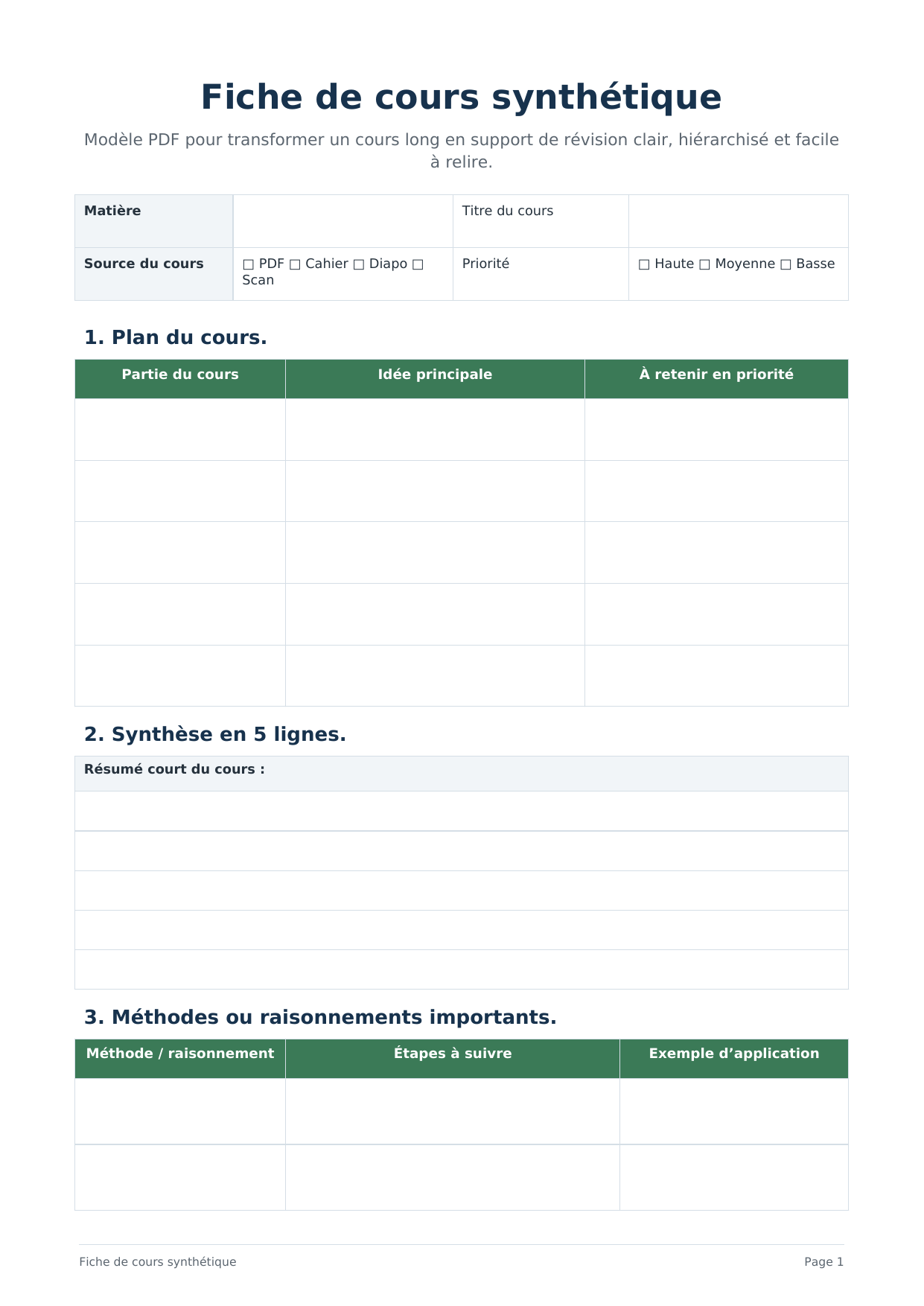 Fiche de révision de cours PDF