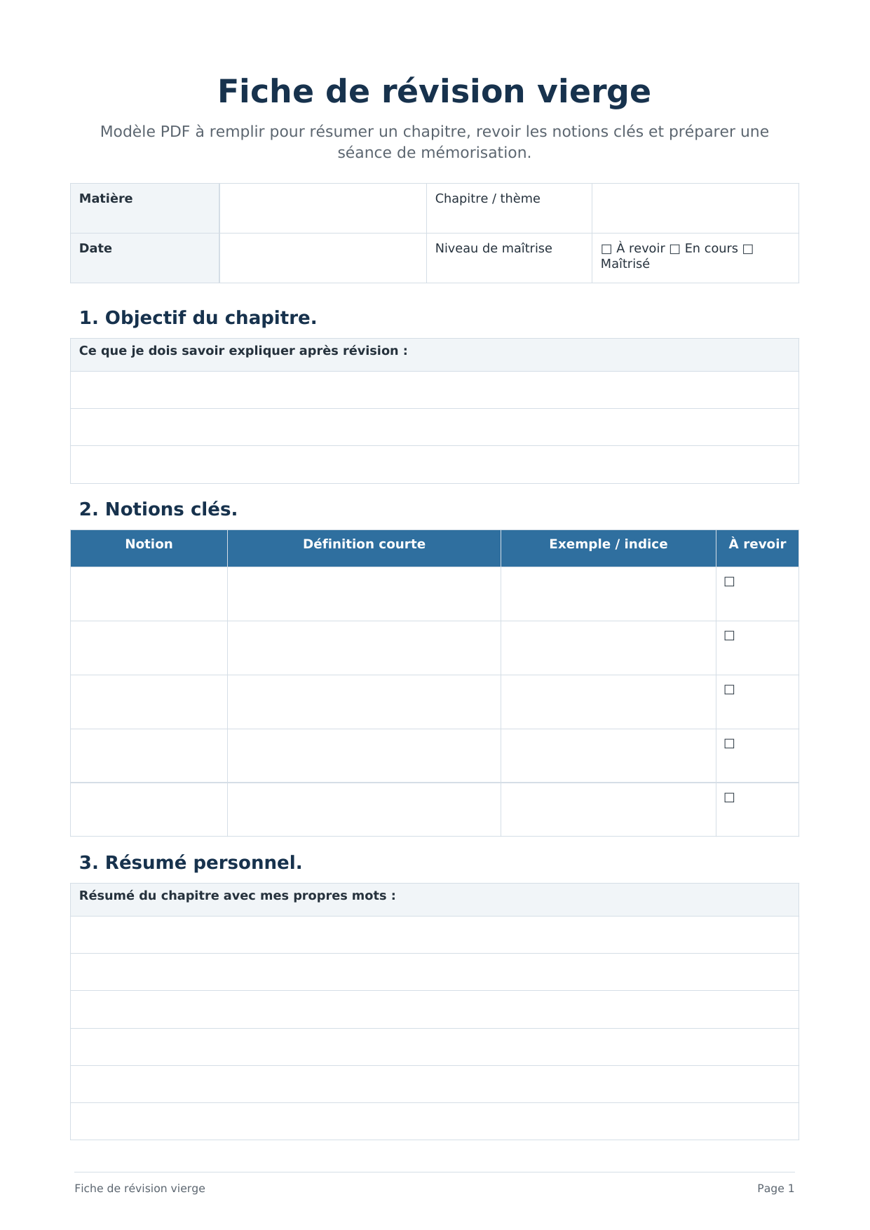 Fiche de révision vierge PDF