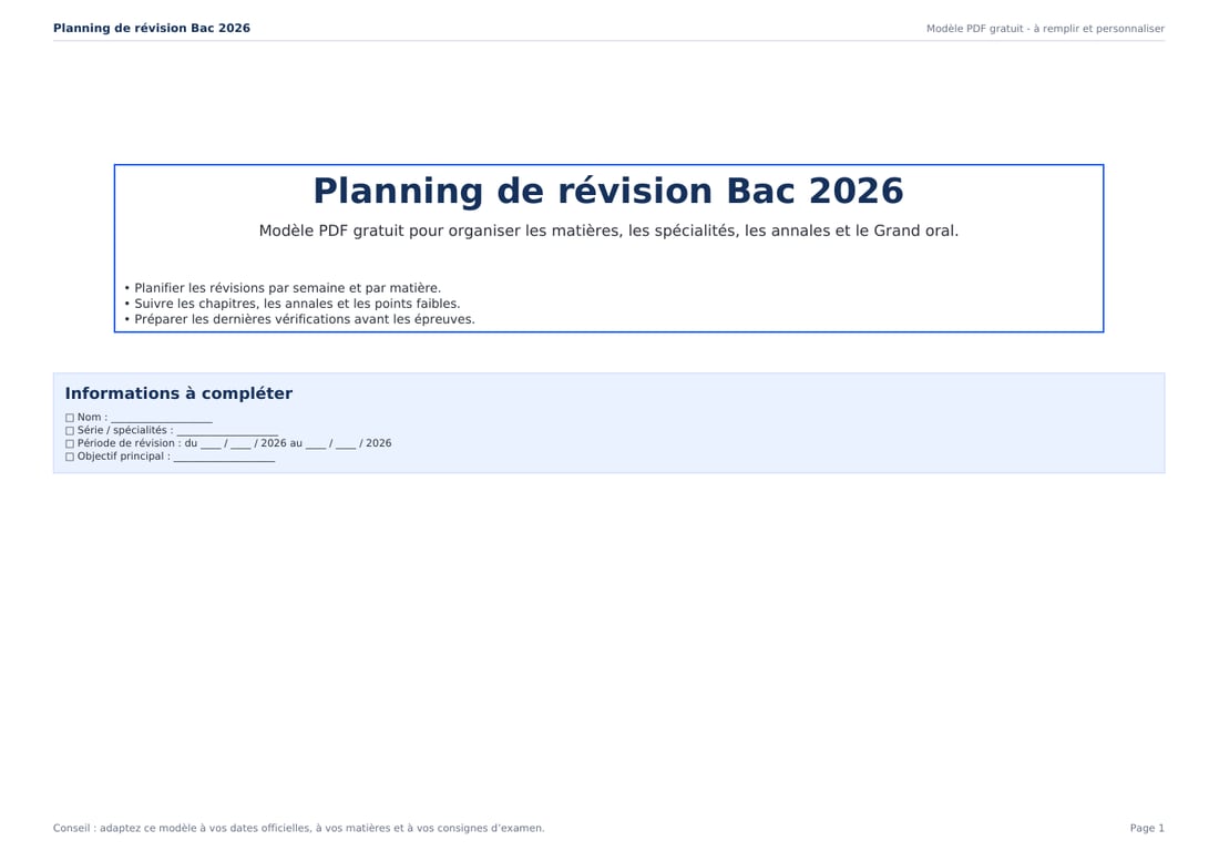Planning de révision bac 2026 PDF