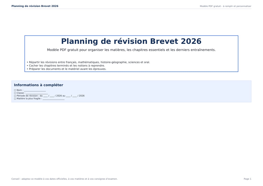 Planning de révision brevet 2026 PDF