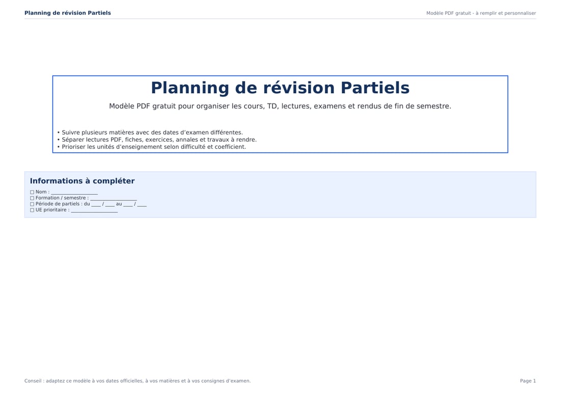 Planning de révision partiels PDF