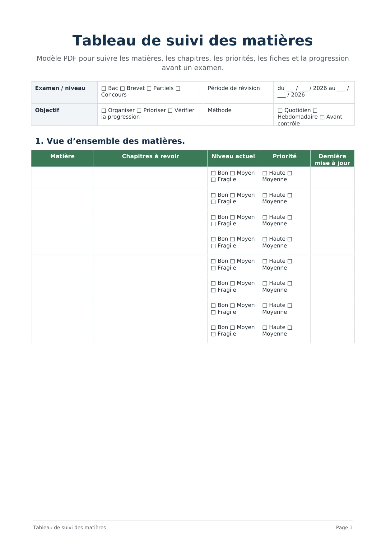 Tableau de suivi des matières PDF