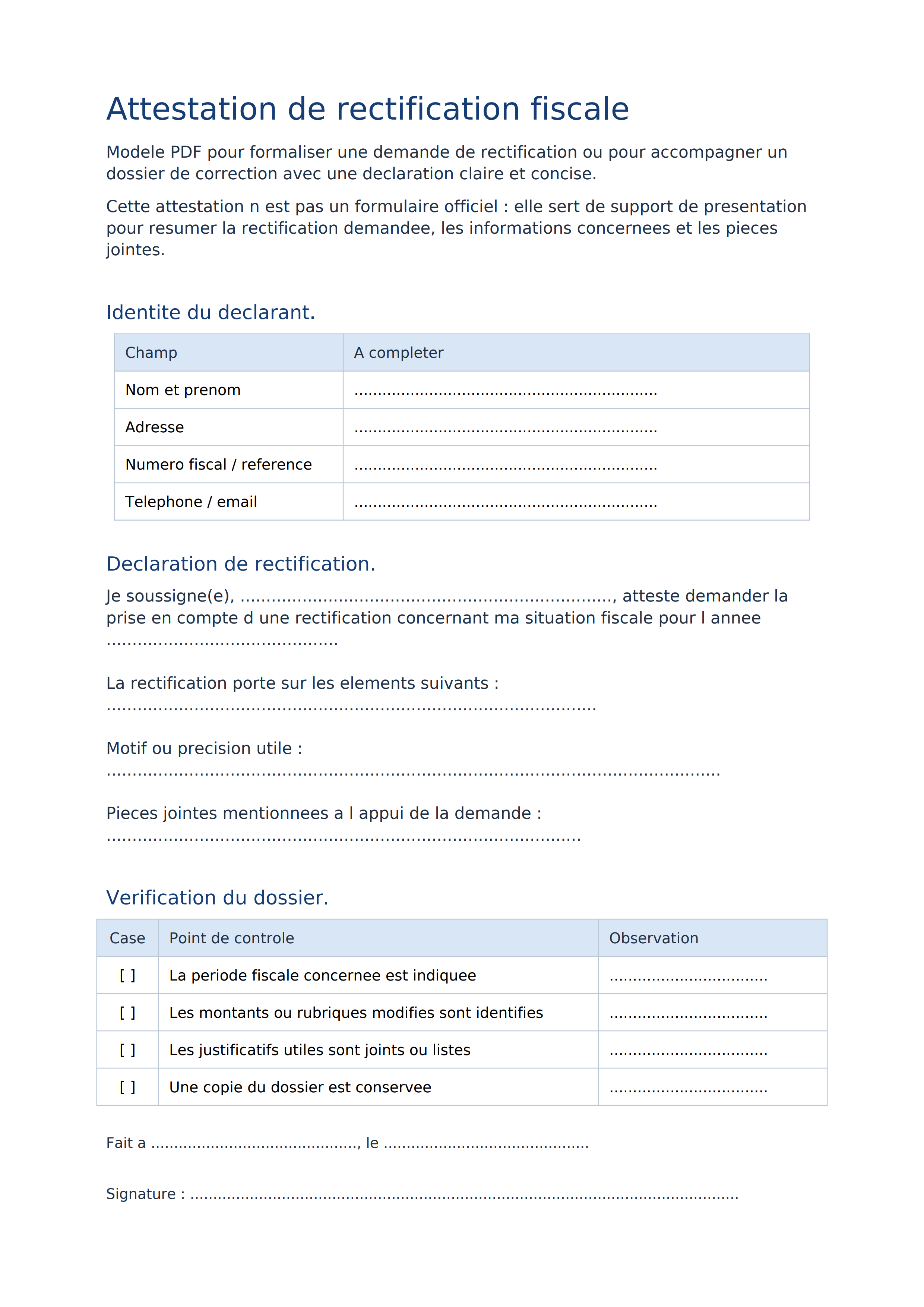 Attestation rectification fiscale PDF